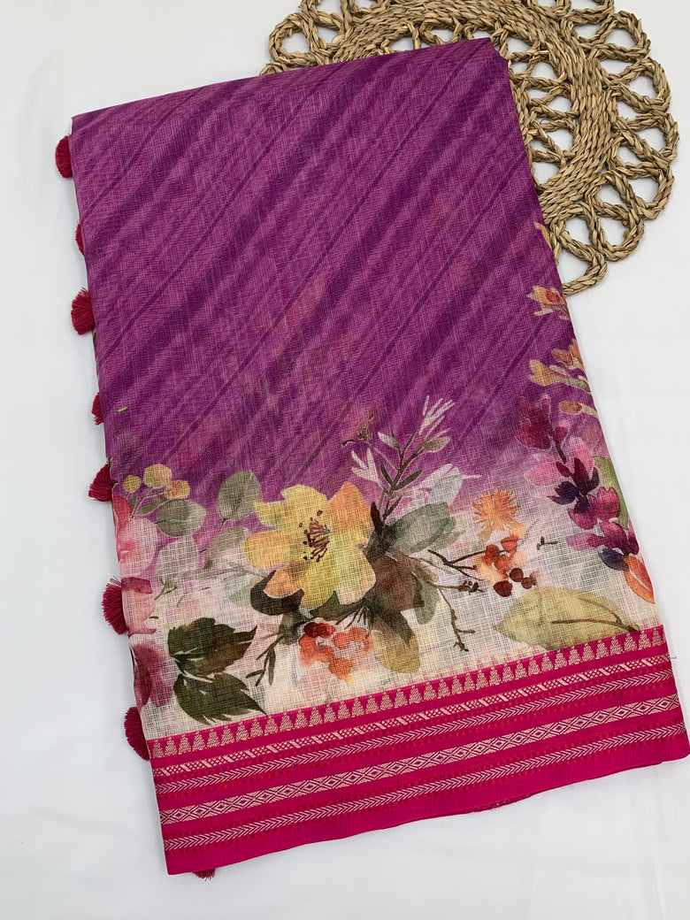 Purple Cotton Kota Floral Printed Saree
