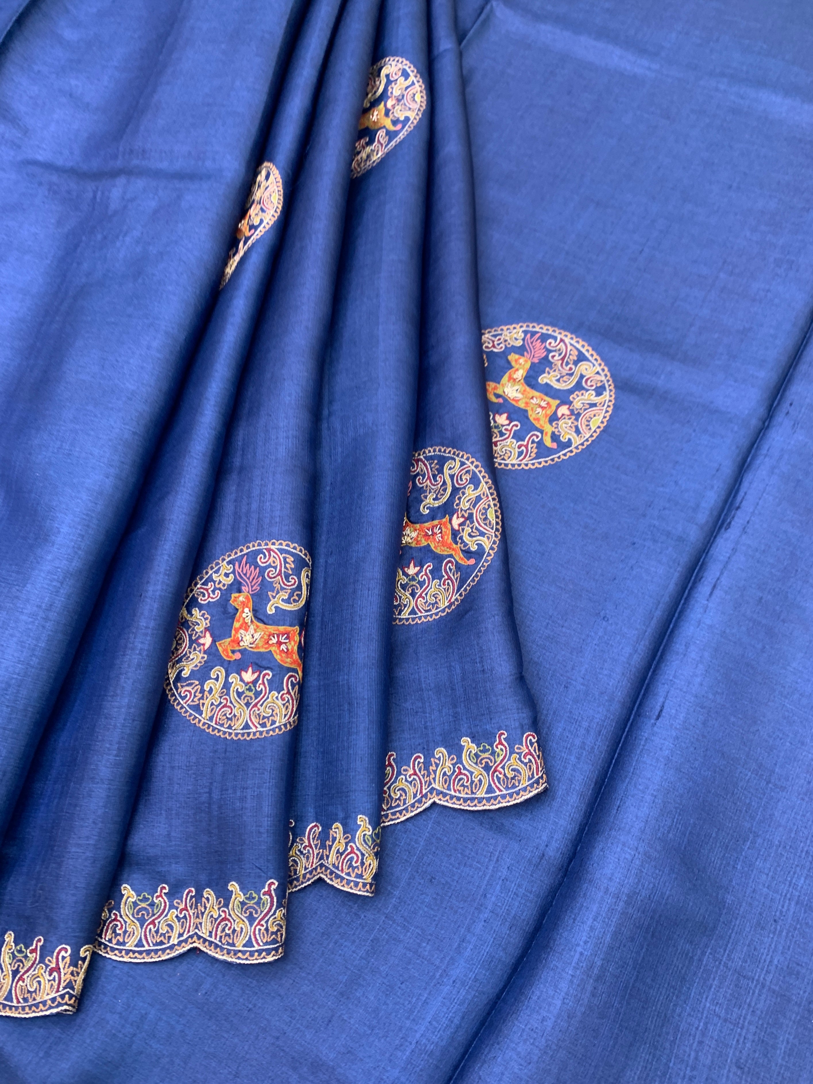 Midnight Royal: Deep Blue Hand-Embroidered Tussar Silk Saree with Shikargah Motifs