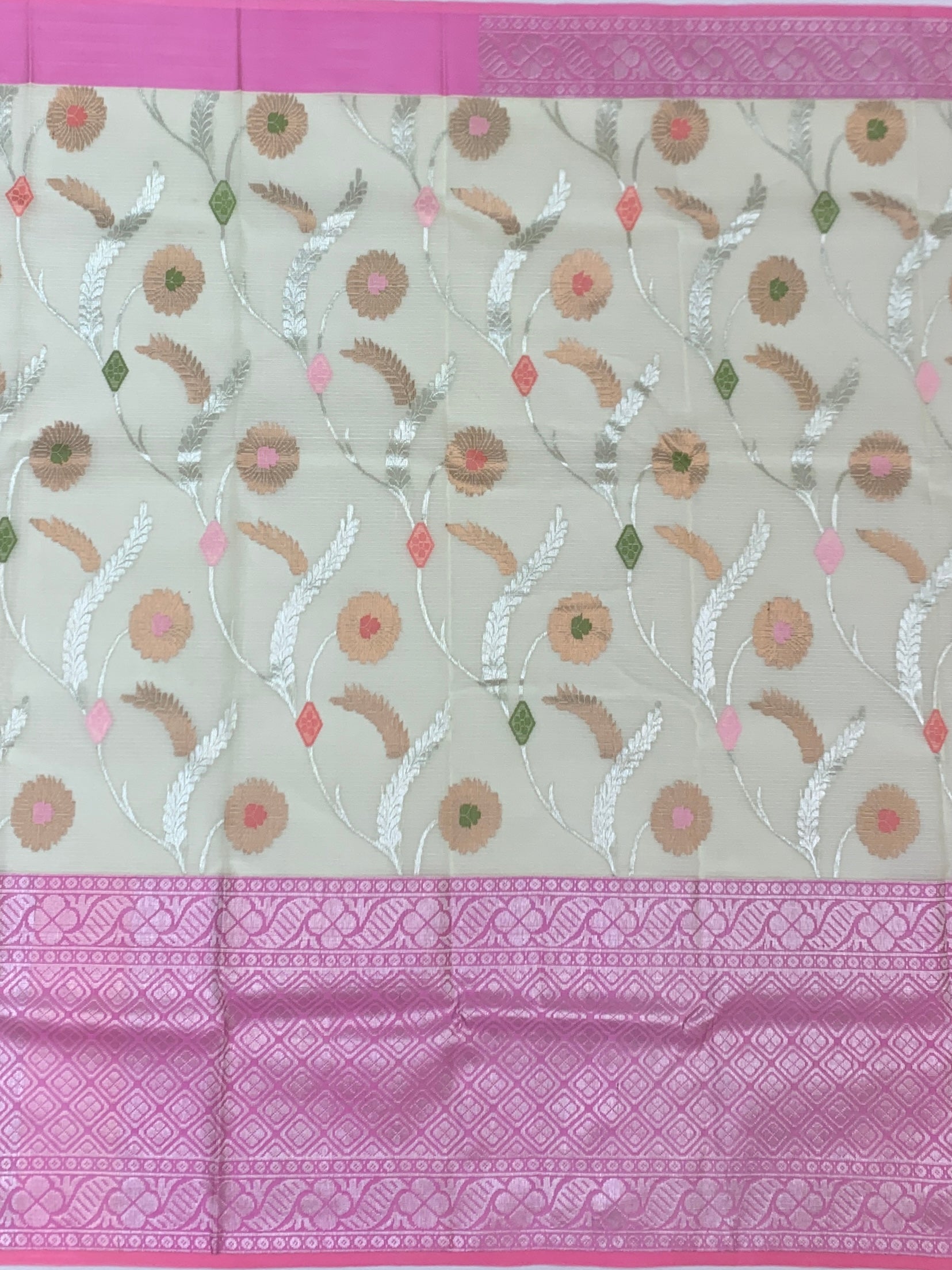 Cream & Rose Pink Zari Kota Saree with Contrast Blouse