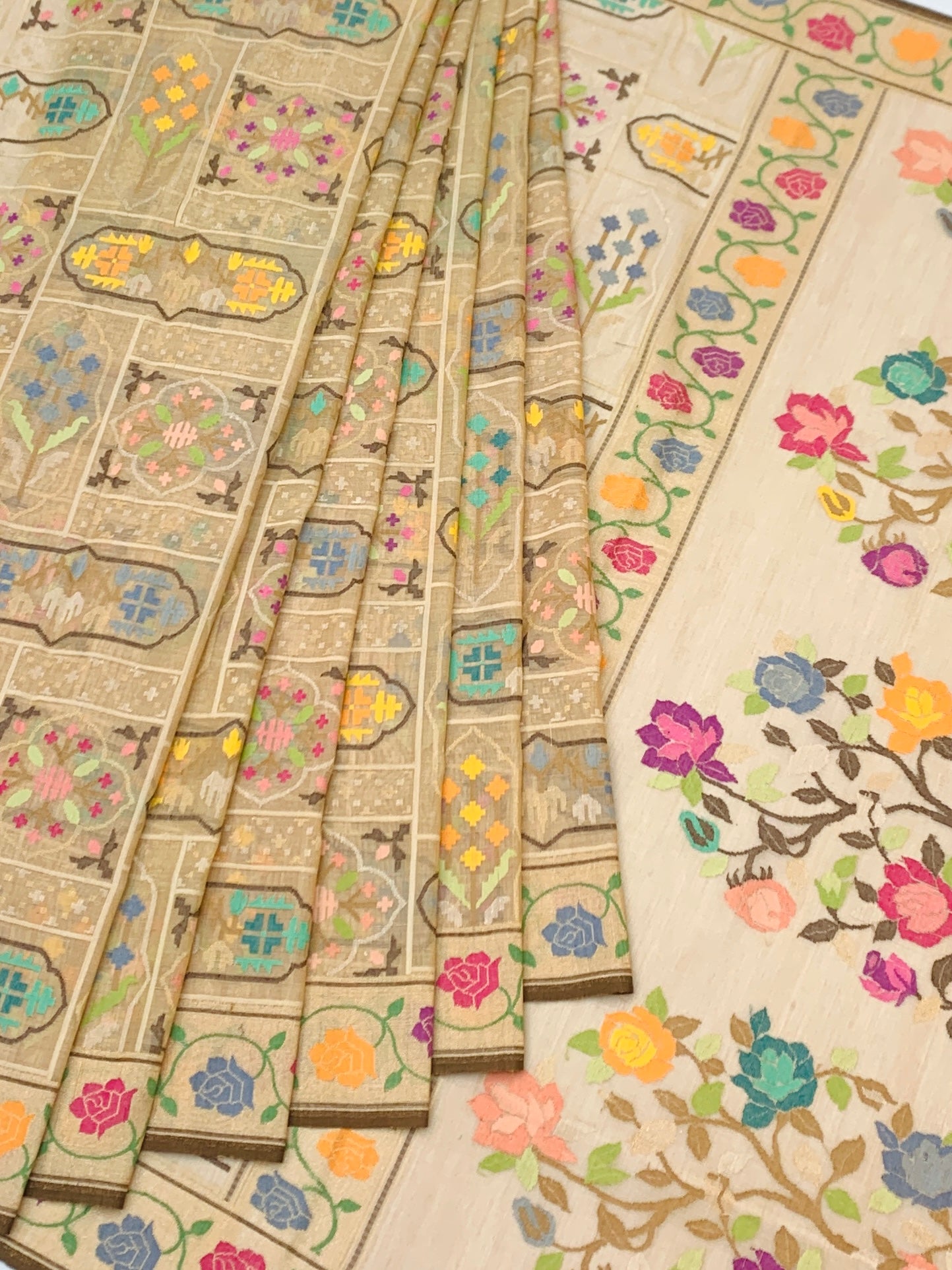 Ethereal Beige Cotton Jamdani Saree with Multi-Color Rose Vines and Geometric Weaves
