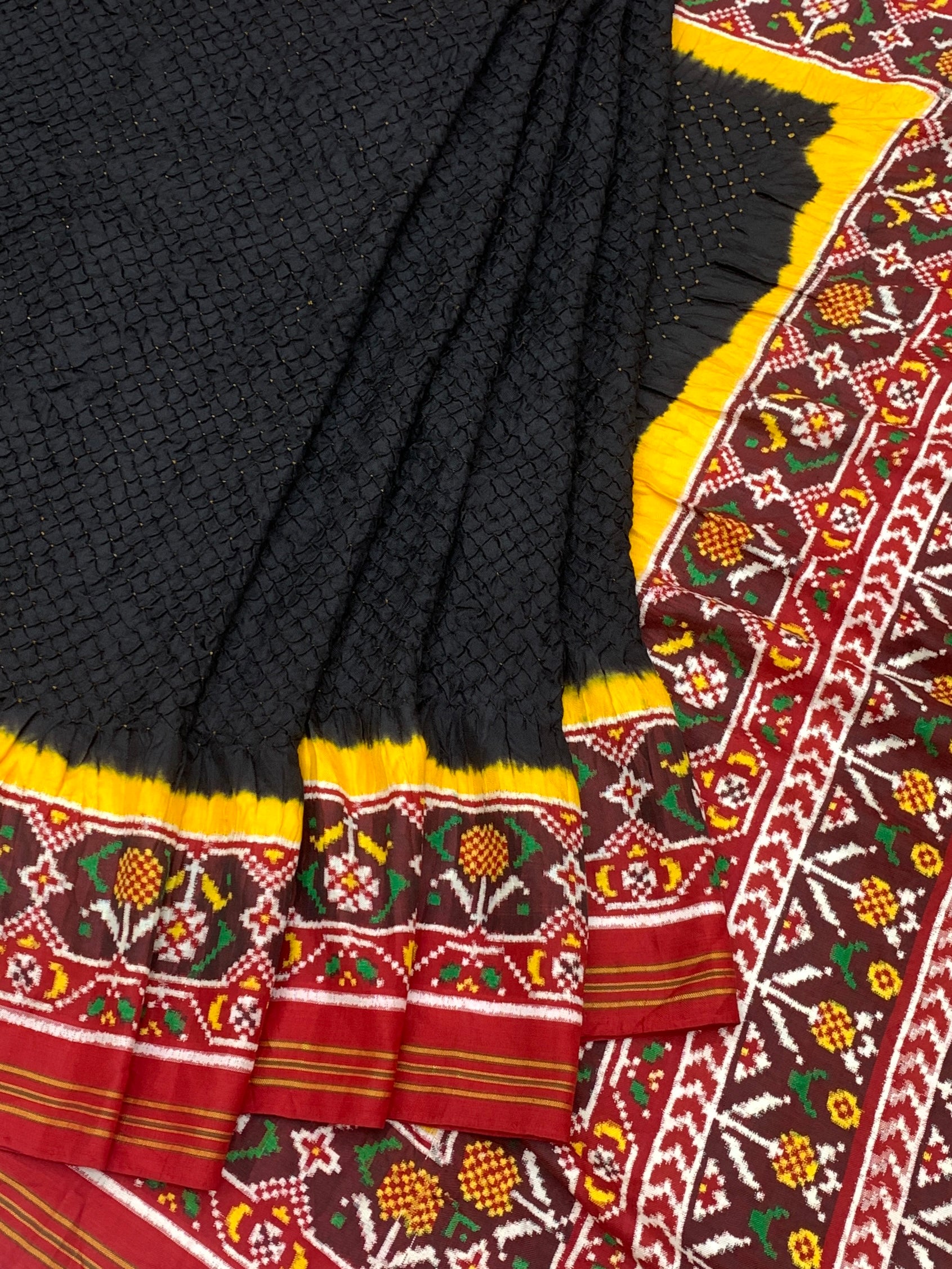 Exquisite Midnight Black Patan Patola Bandhani Silk Saree