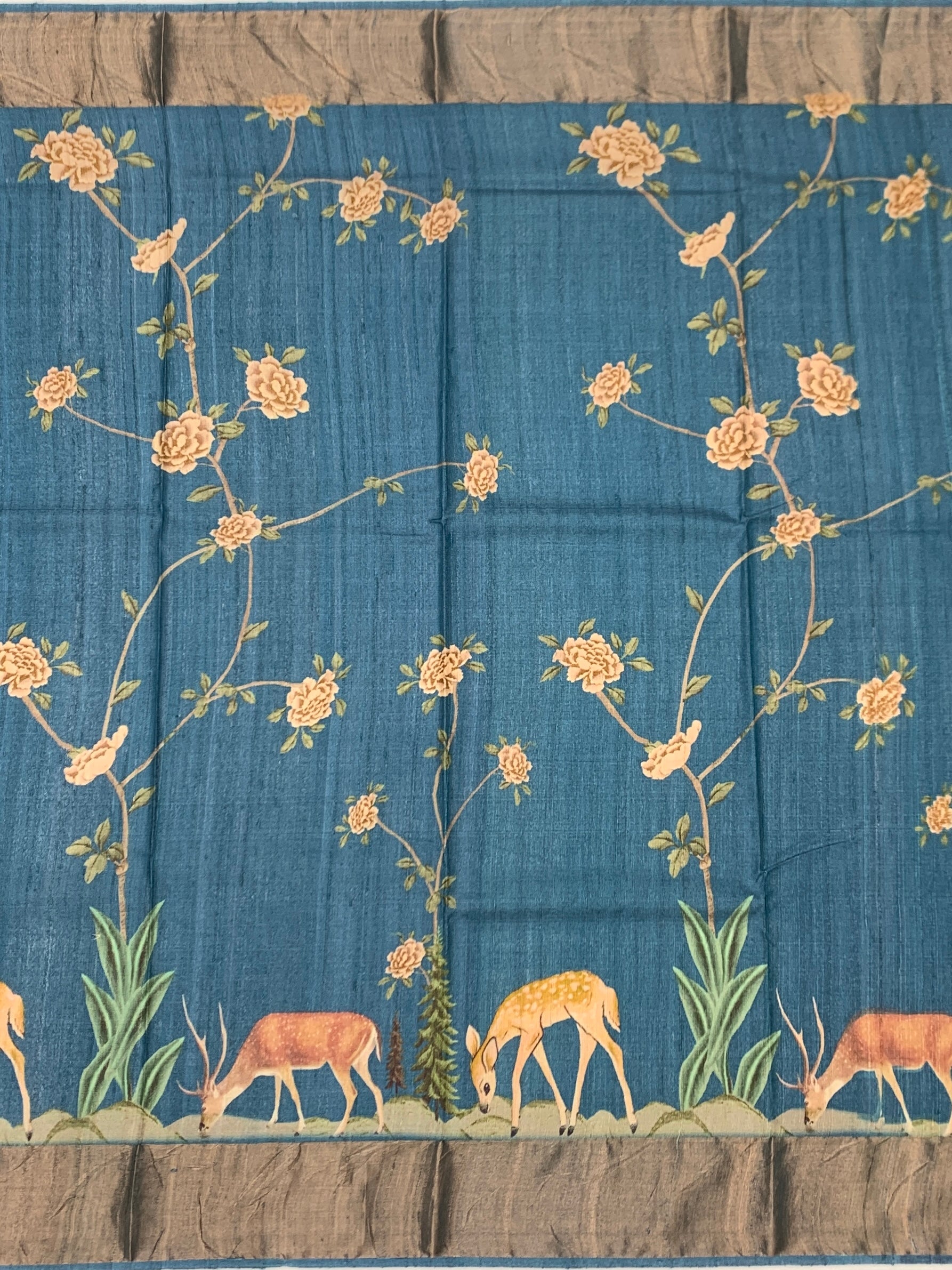 Prussian Blue Meadow: Scenic Deer Tussore Printed Saree