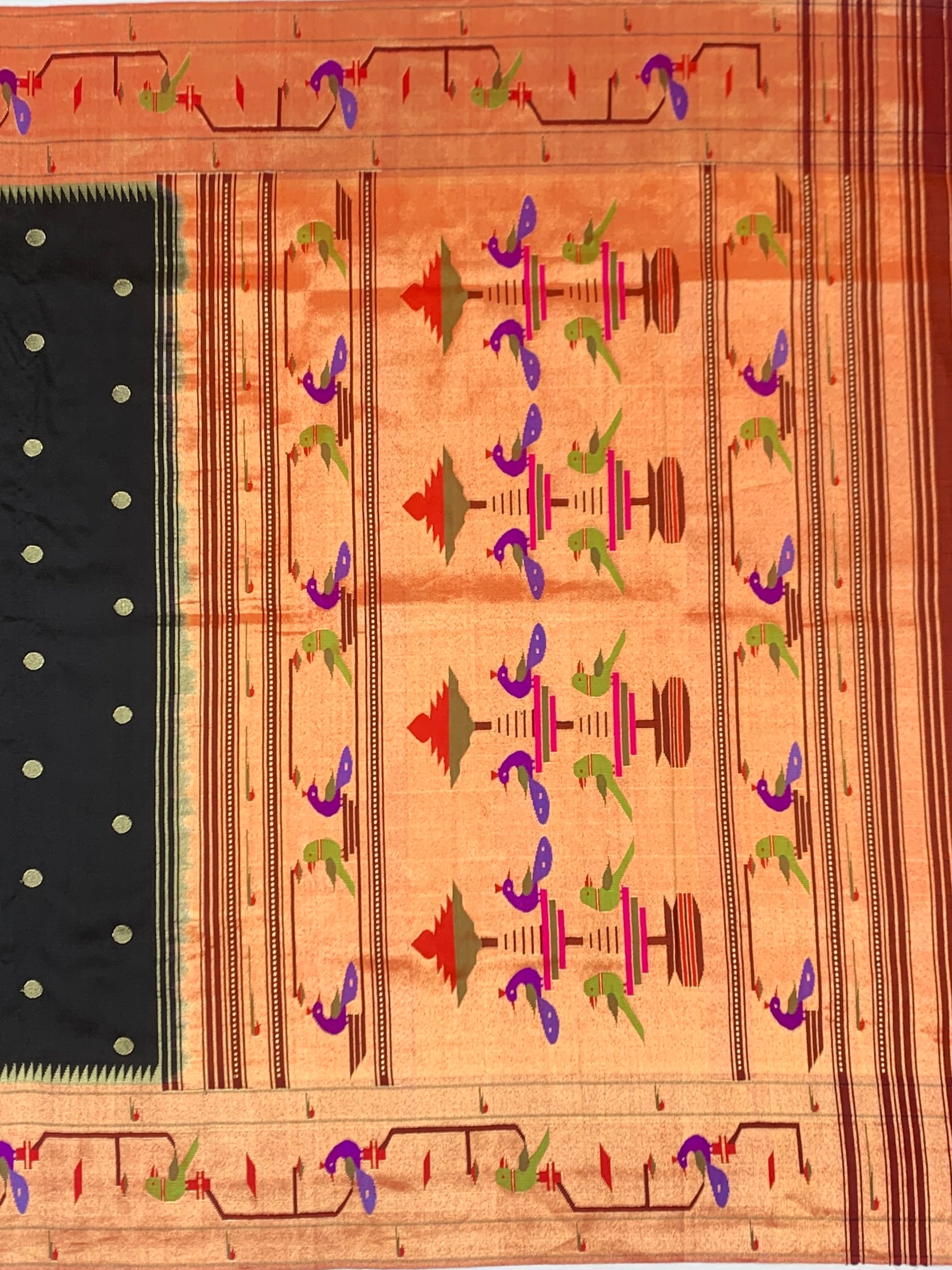 Midnight Black Paithani Silk Saree with Geometric Copper-Gold Pallu