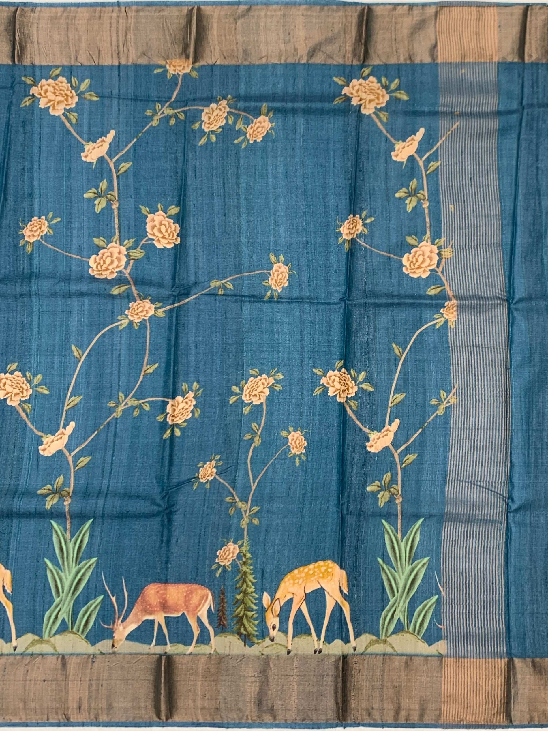 Prussian Blue Meadow: Scenic Deer Tussore Printed Saree