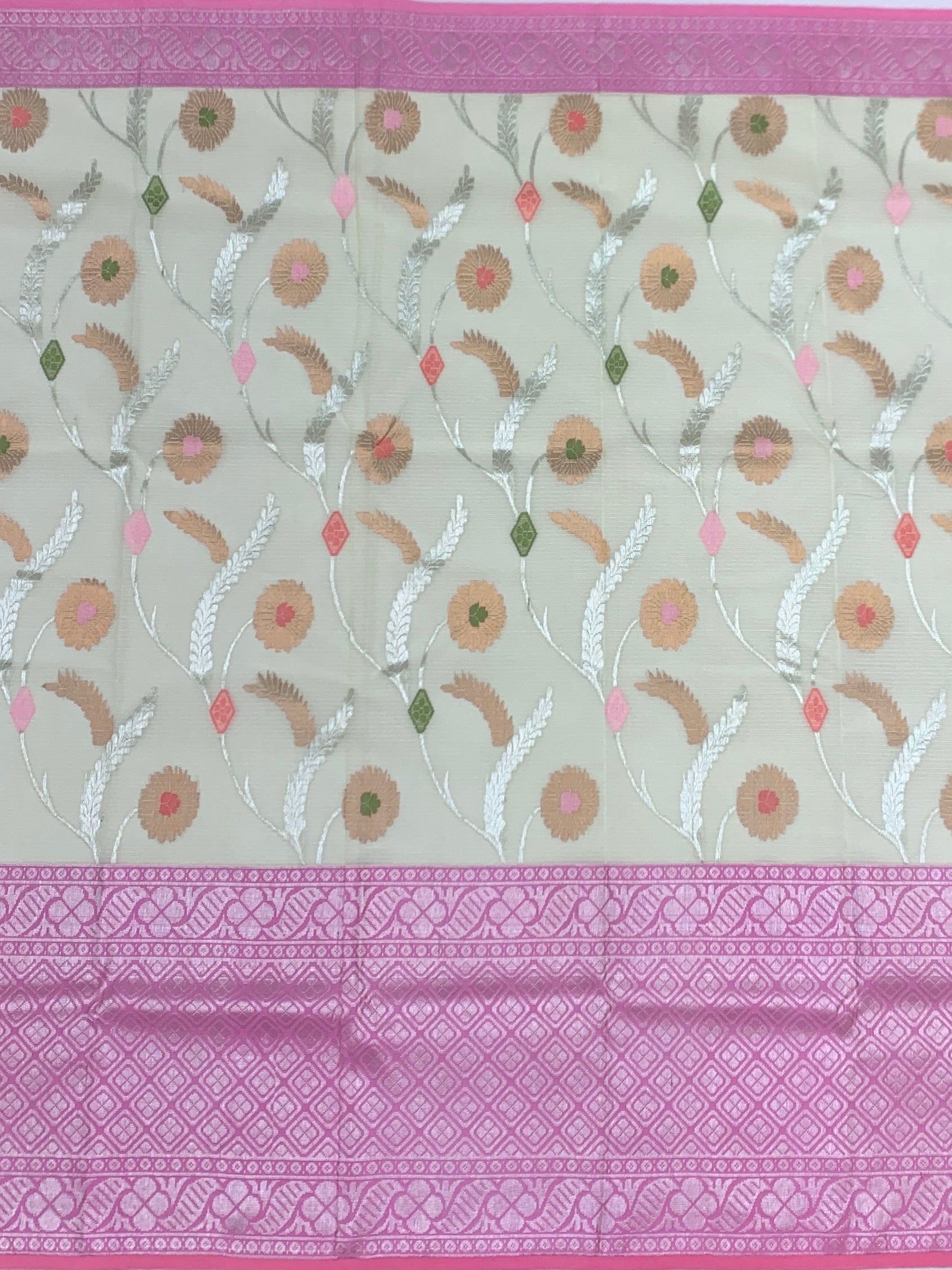 Cream & Rose Pink Zari Kota Saree with Contrast Blouse