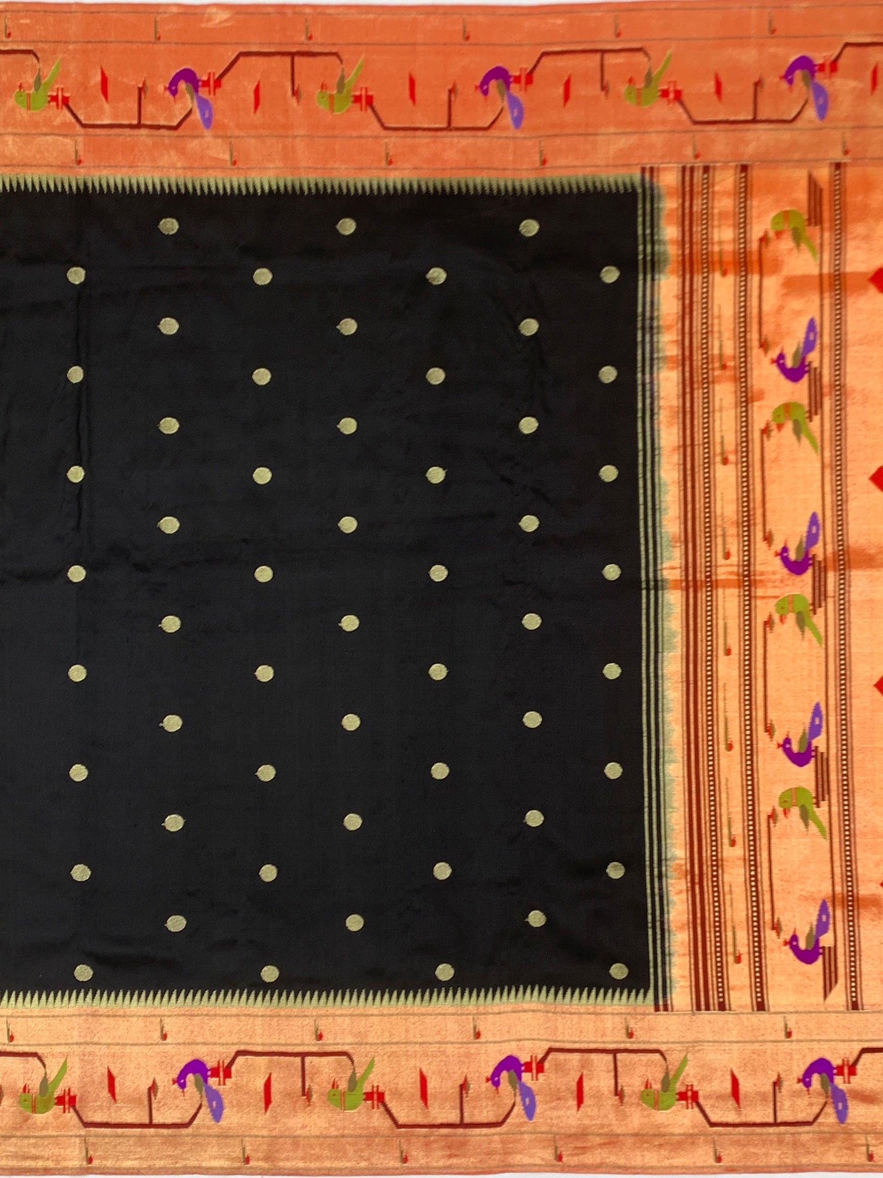 Midnight Black Paithani Silk Saree with Geometric Copper-Gold Pallu
