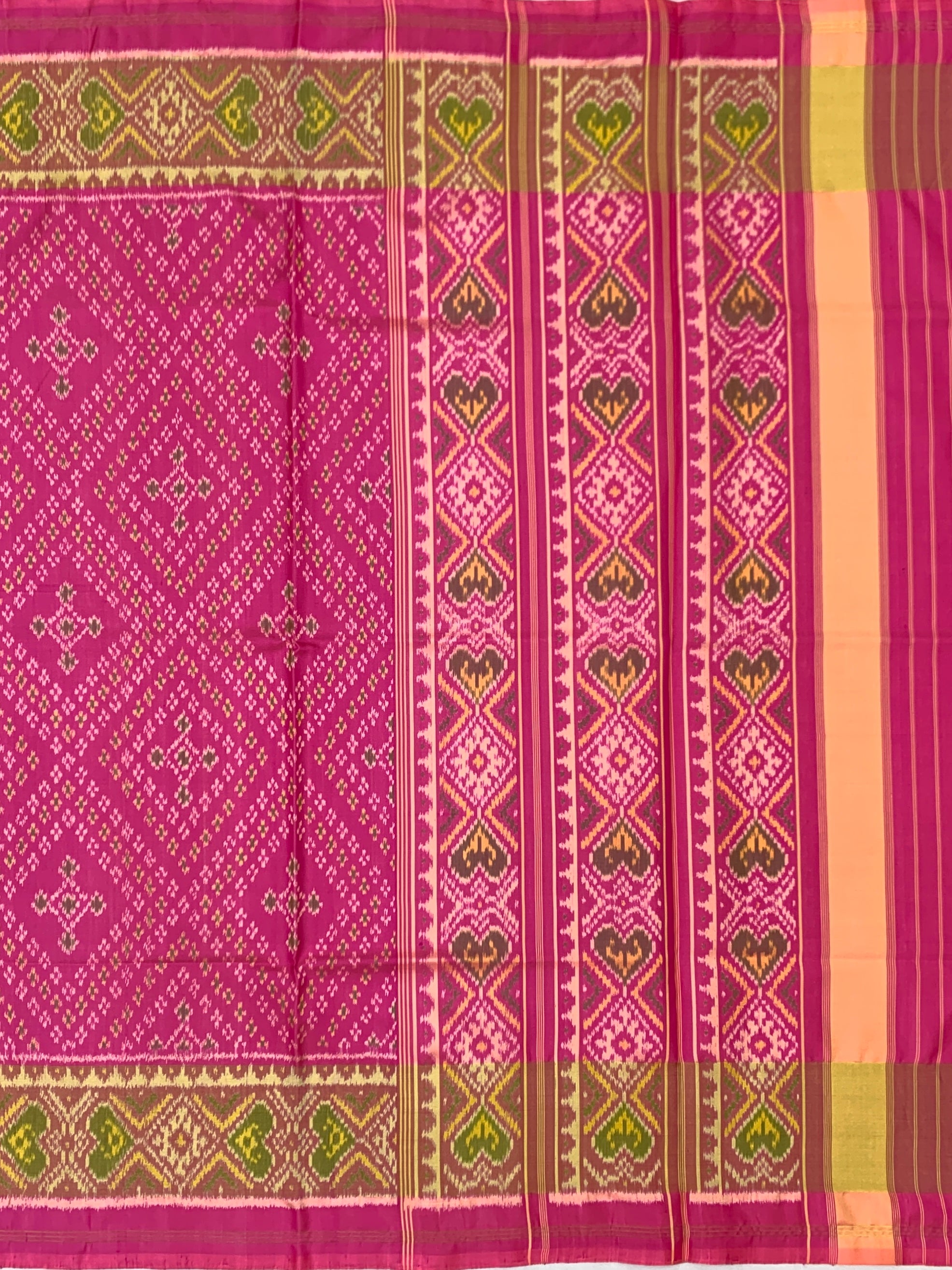 Radiant Rani Pink & Olive: Heritage Geometric Rajkot Patola Silk Saree