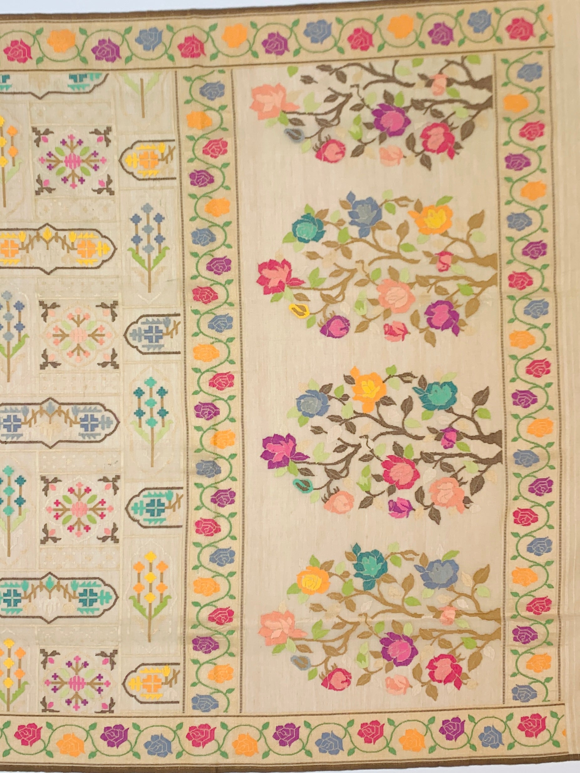 Ethereal Beige Cotton Jamdani Saree with Multi-Color Rose Vines and Geometric Weaves
