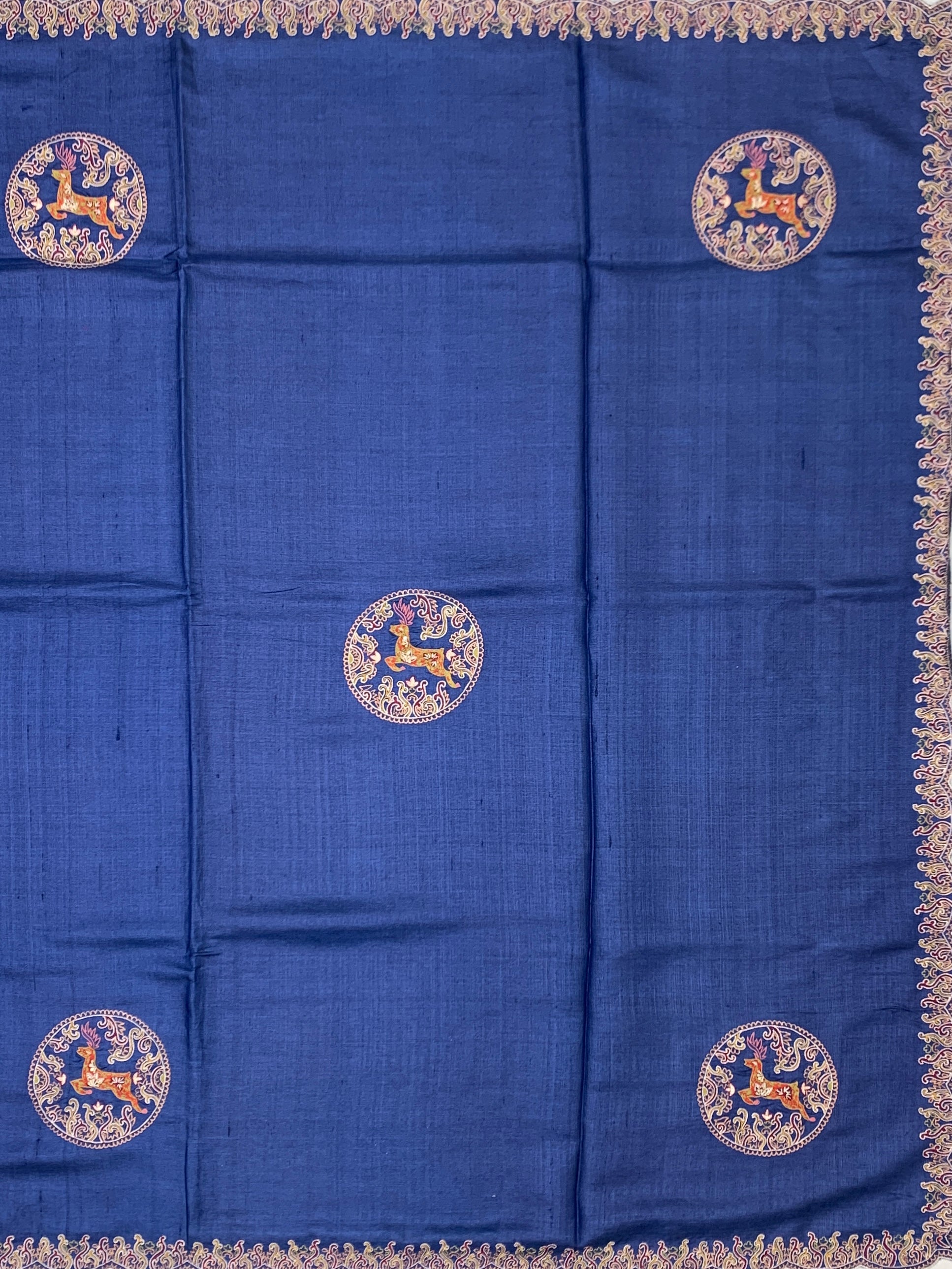 Midnight Royal: Deep Blue Hand-Embroidered Tussar Silk Saree with Shikargah Motifs