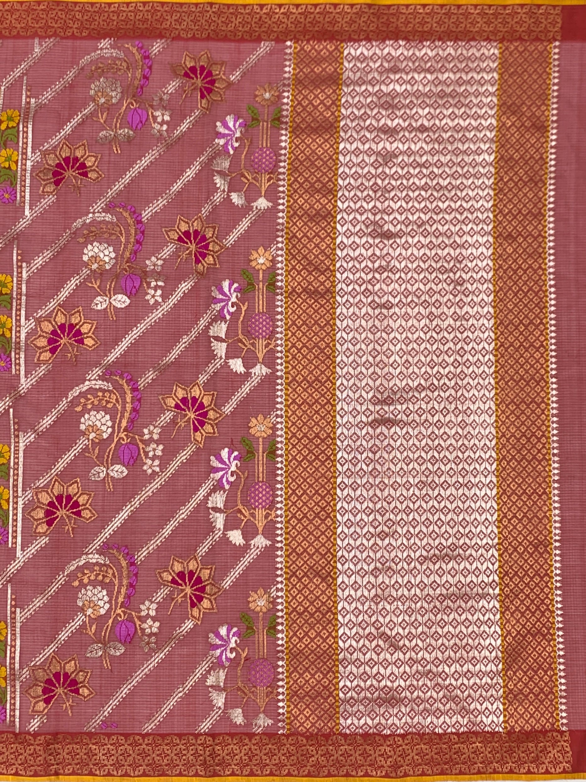 Regal Crimson Red Zari Kota Saree with Meenakari Florals & Contrast Yellow Blouse