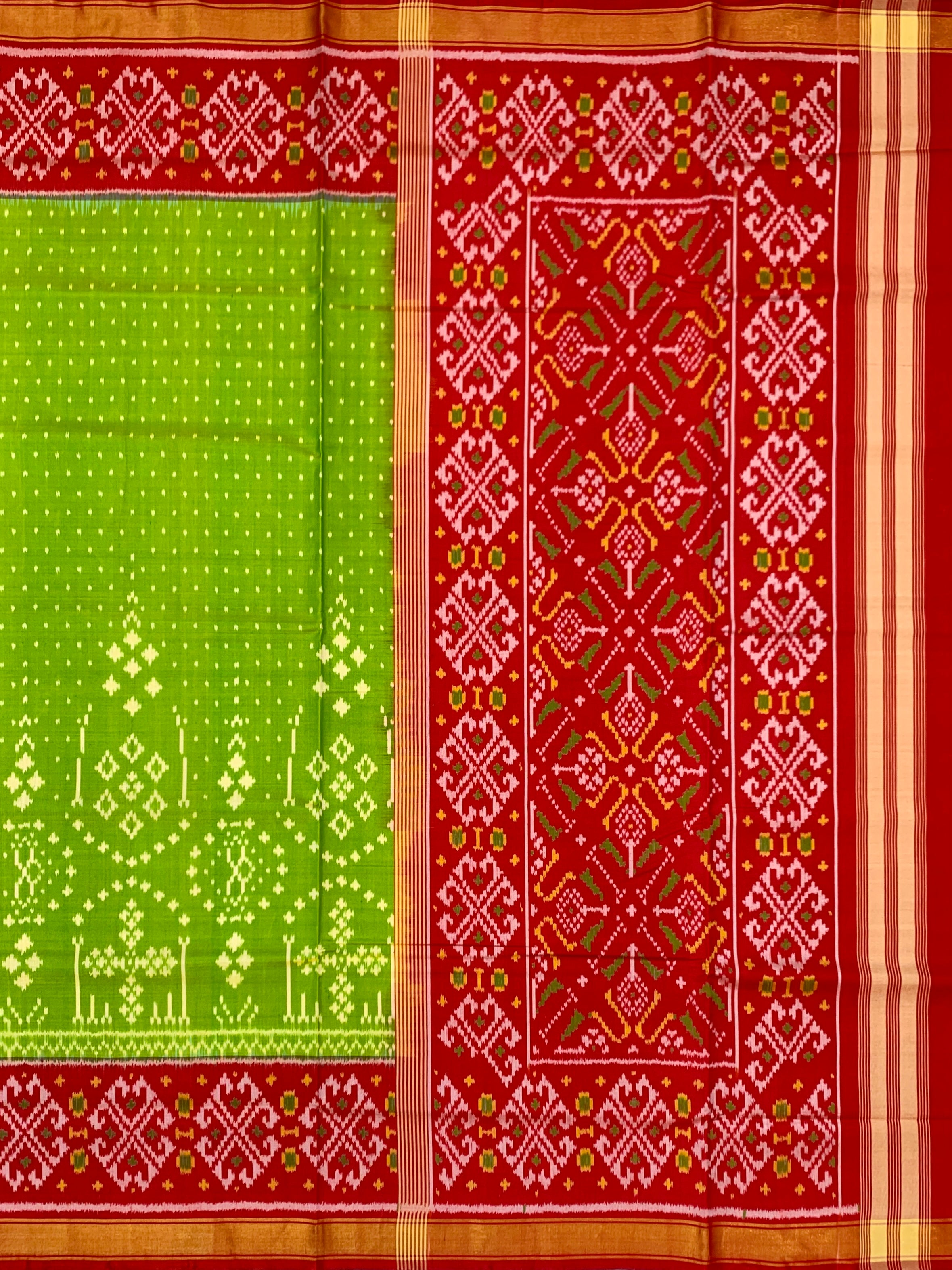 Vibrant Leaf Green & Crimson Red Rajkot Patola Silk Saree