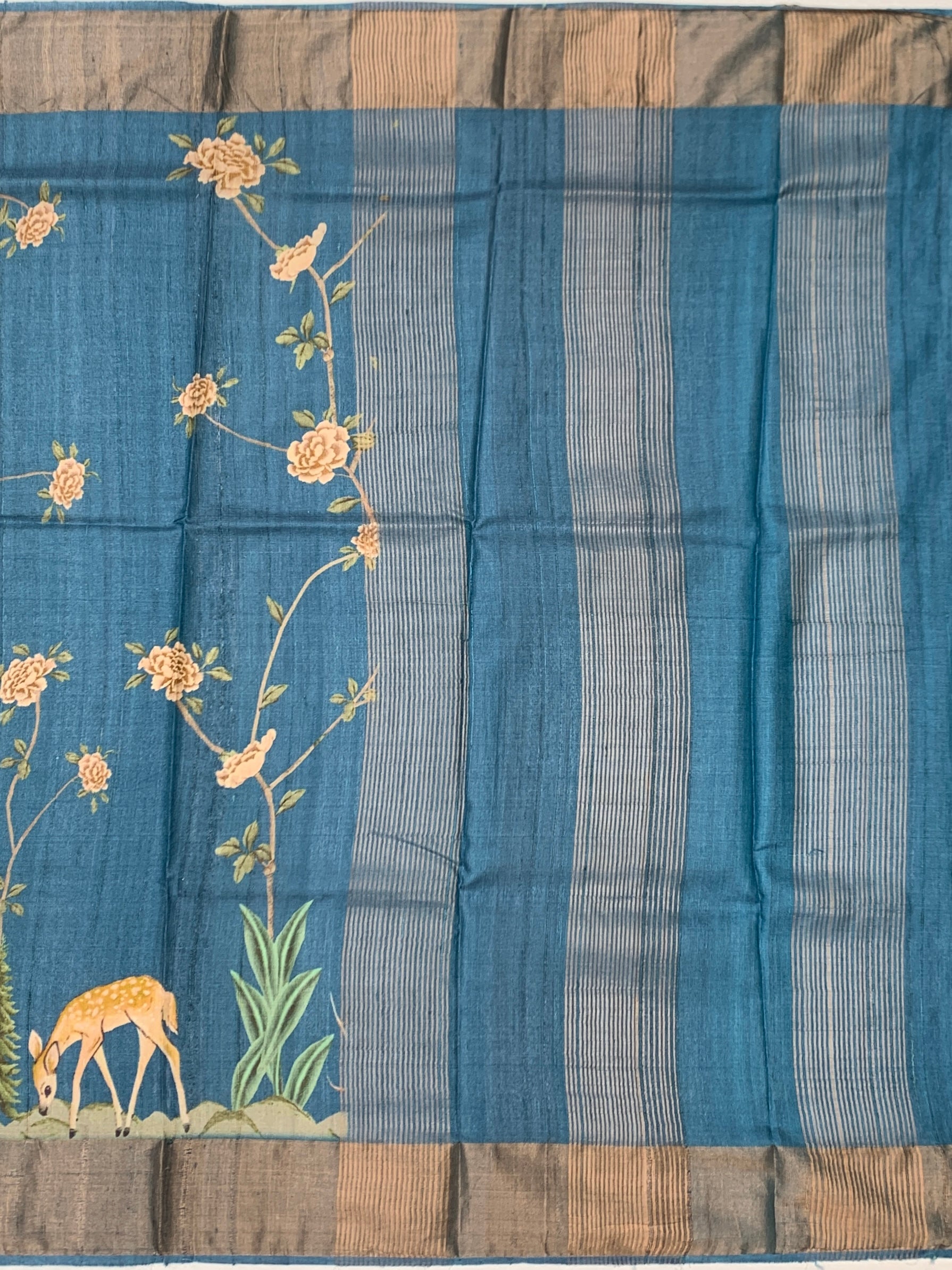 Prussian Blue Meadow: Scenic Deer Tussore Printed Saree