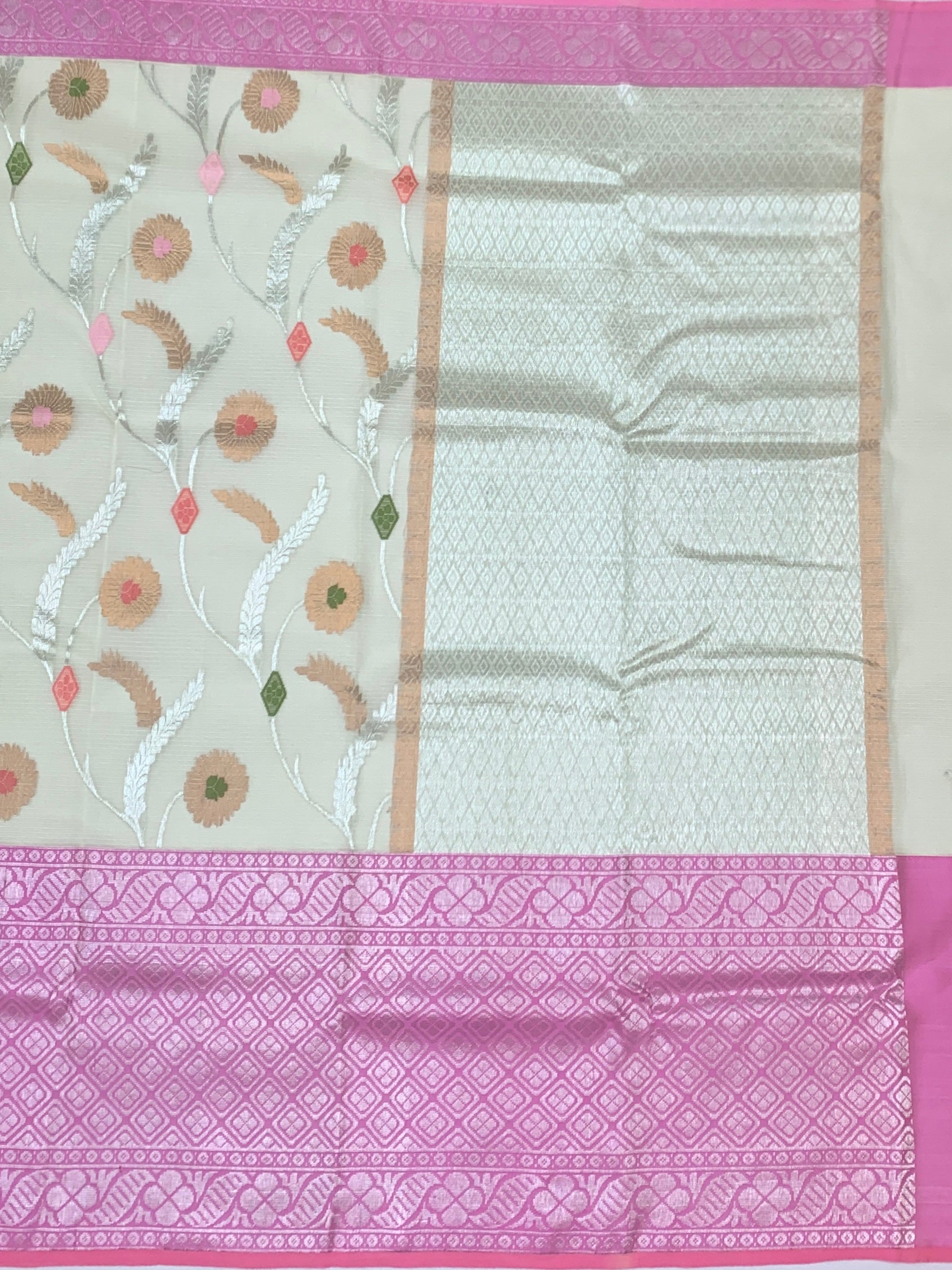 Cream & Rose Pink Zari Kota Saree with Contrast Blouse