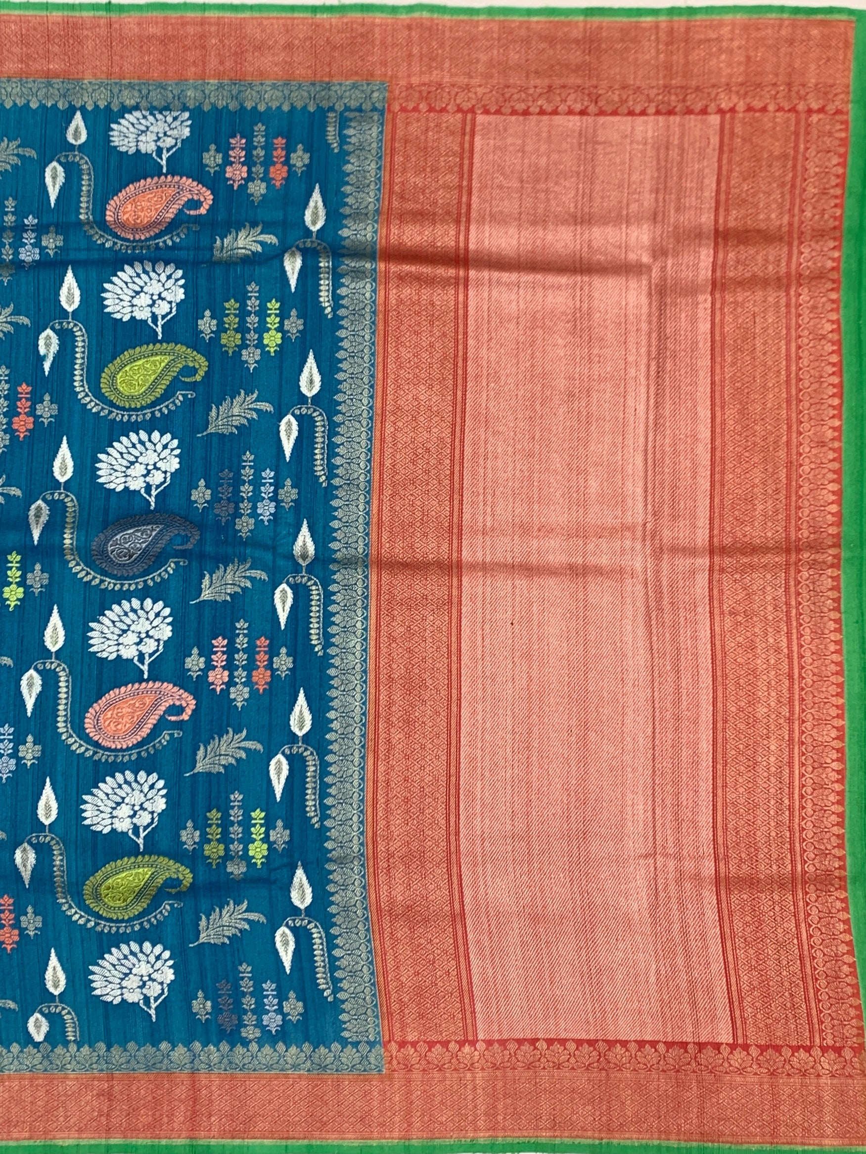 Deep Teal Tussore Georgette Saree with Meenakari Paisleys and Copper Pallu