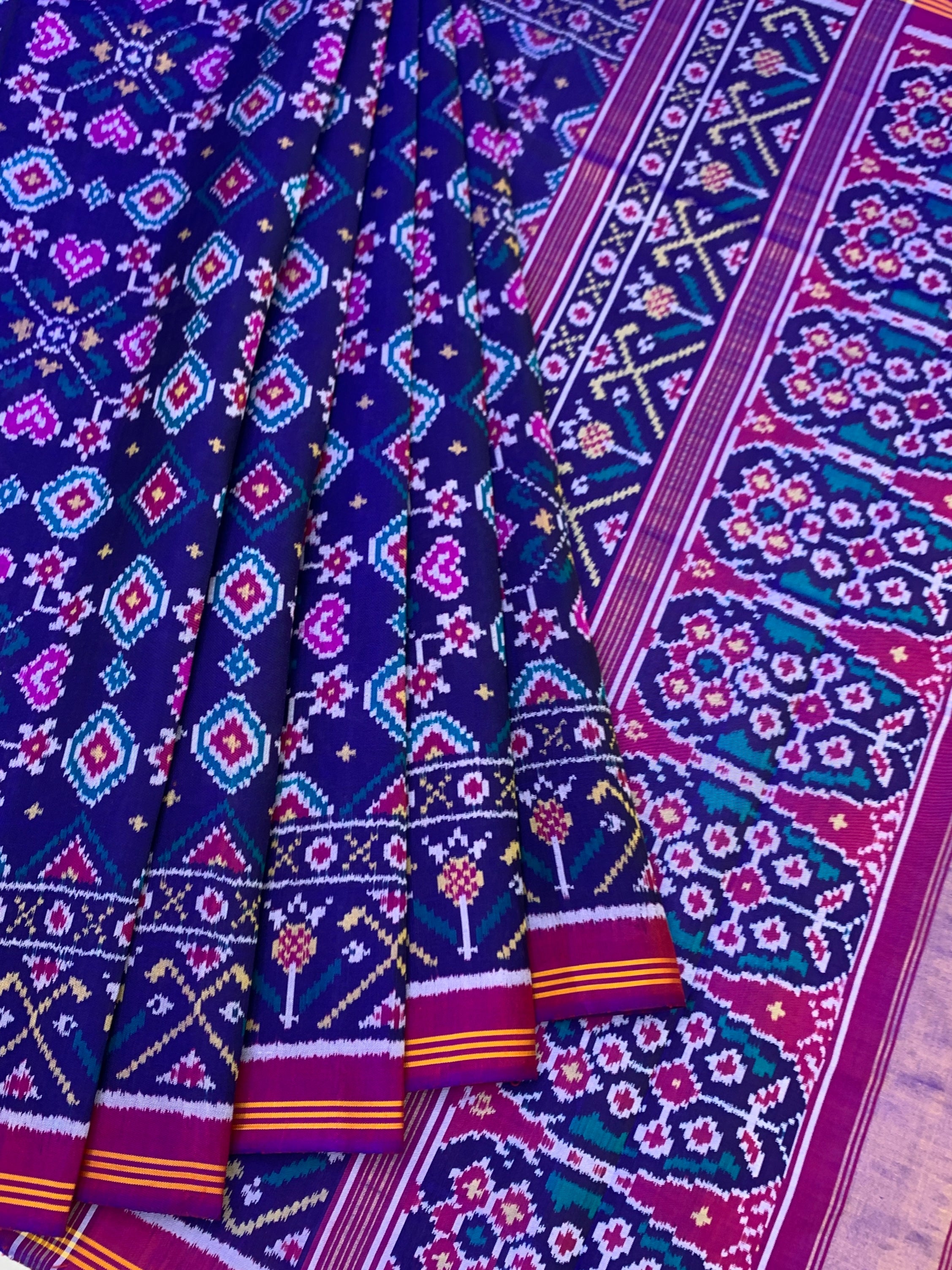 Majestic Midnight Blue & Rani Pink Handwoven Patola Saree