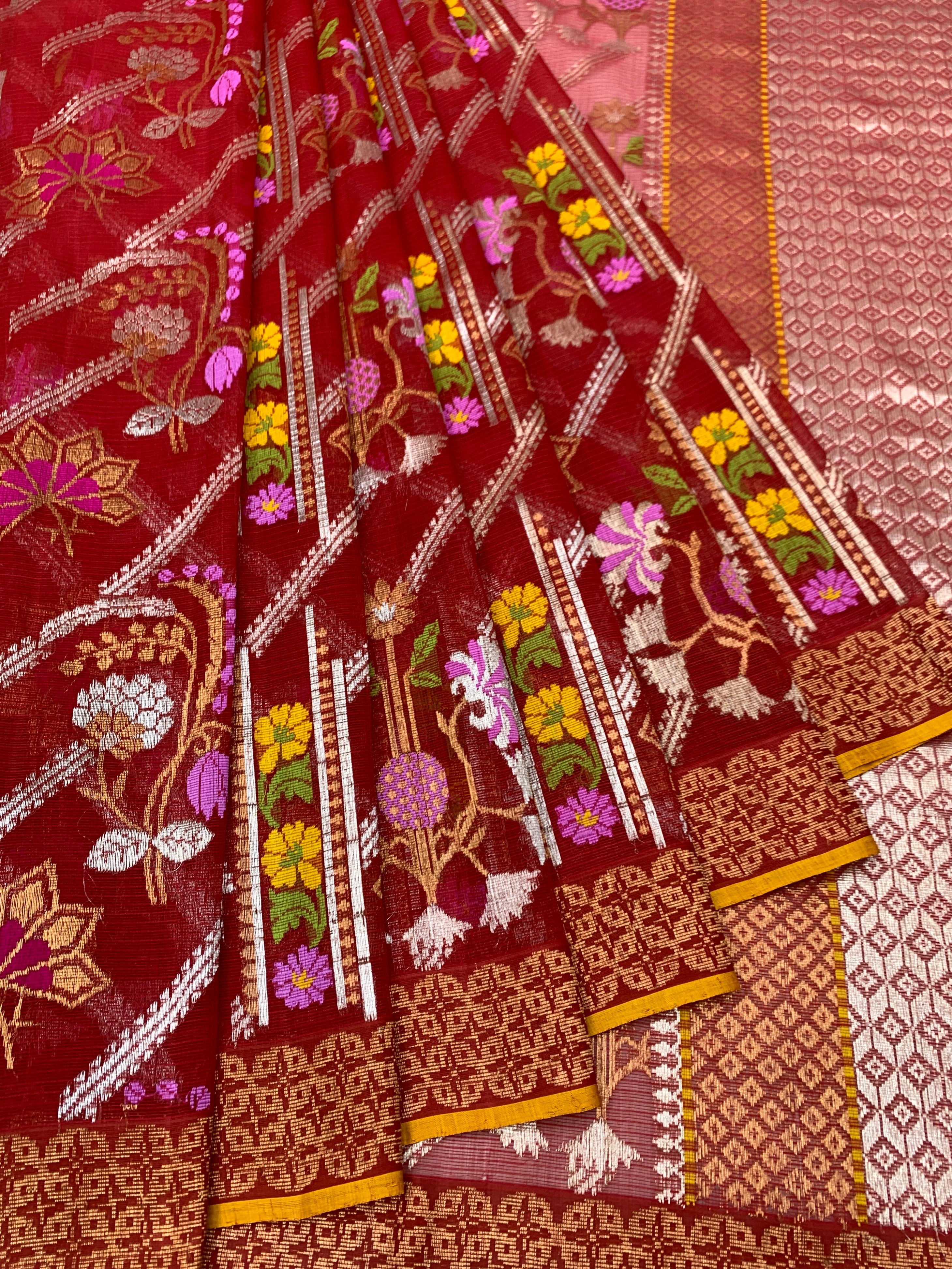 Regal Crimson Red Zari Kota Saree with Meenakari Florals & Contrast Yellow Blouse