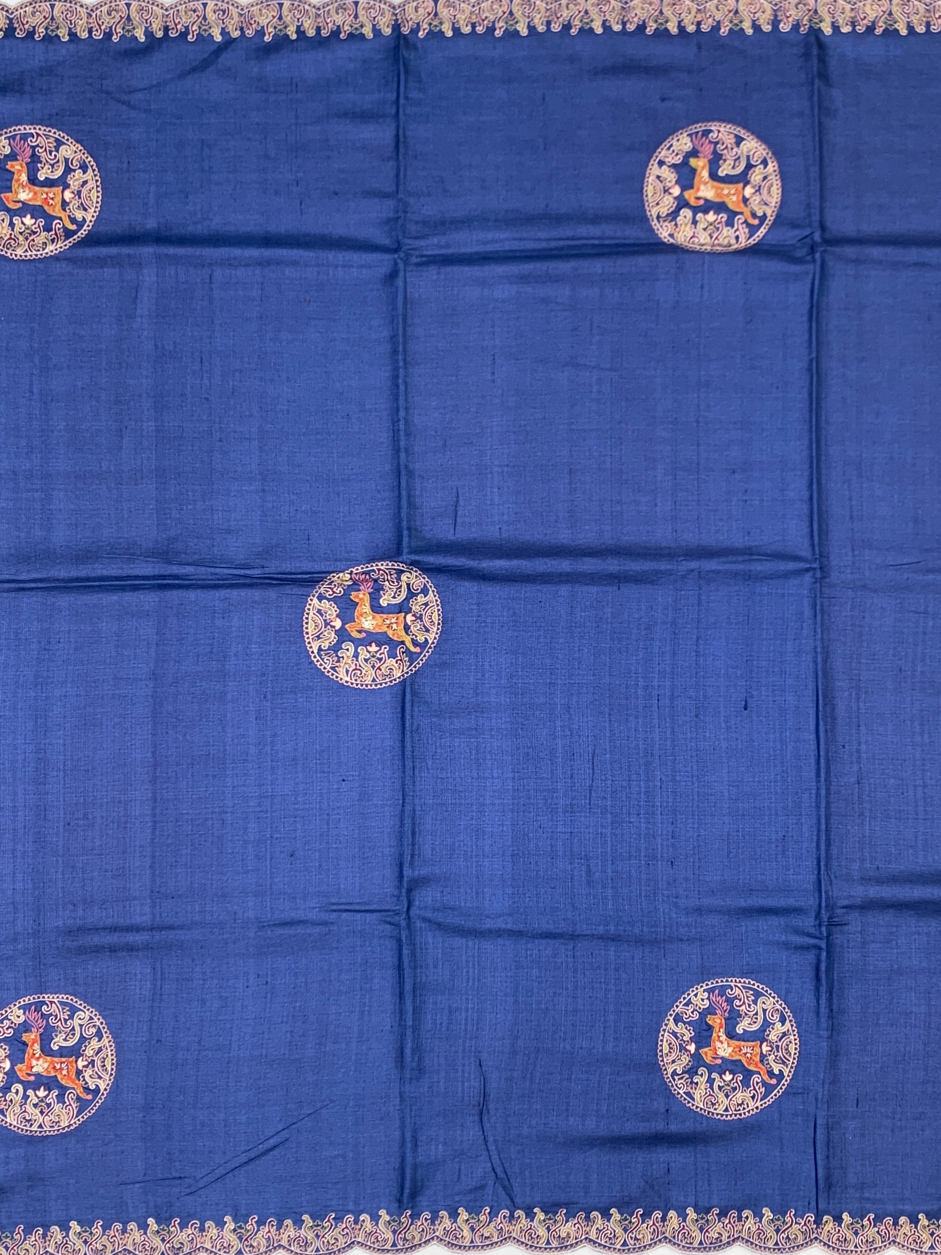 Midnight Royal: Deep Blue Hand-Embroidered Tussar Silk Saree with Shikargah Motifs