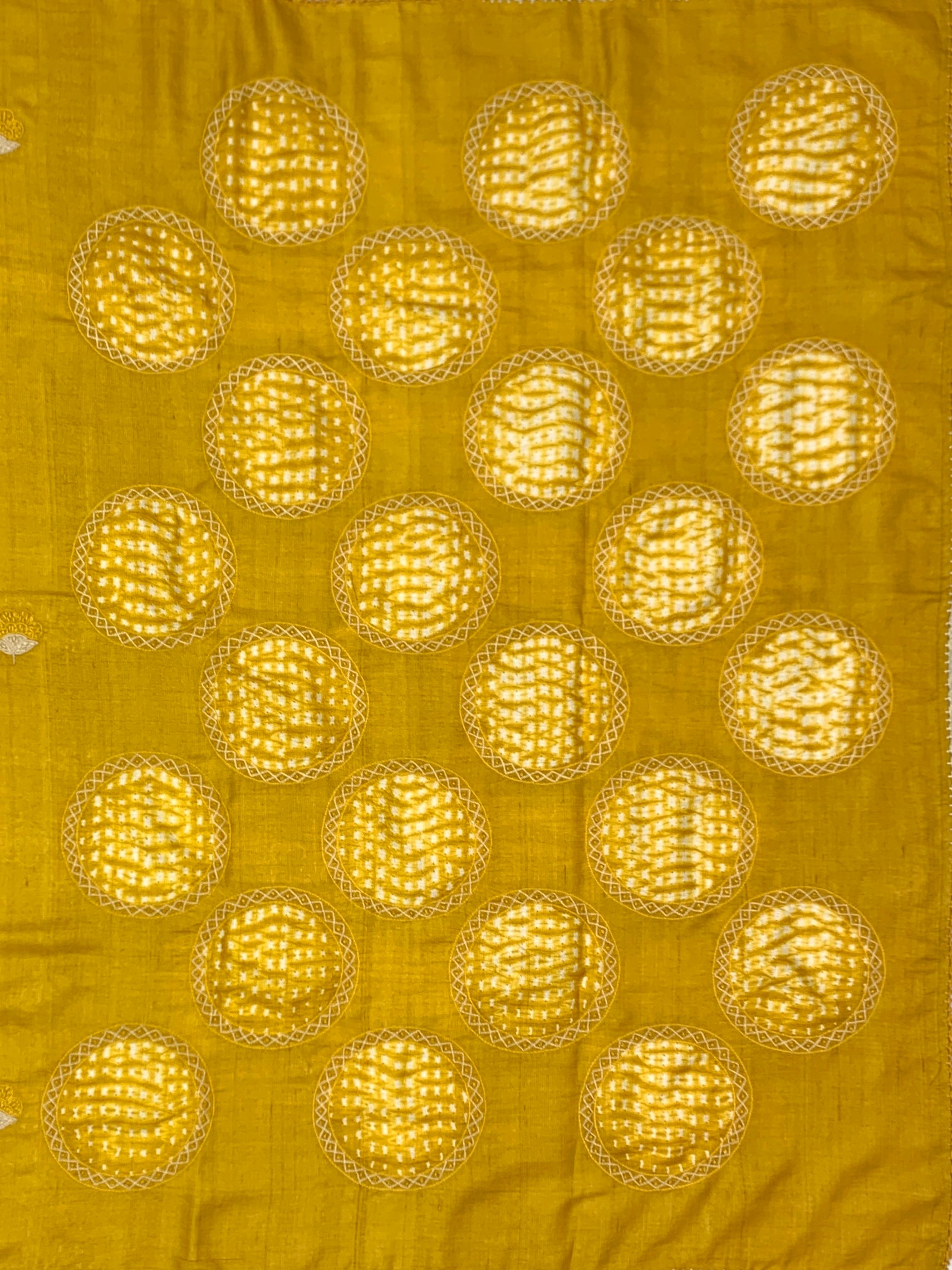 Radiant Sunburst: Shibori Medallion Hand-Embroidered Tussar Silk Saree