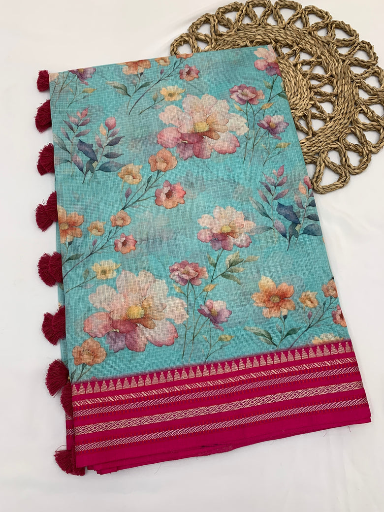 Turquoise Blue Cotton Kota Floral Printed Saree