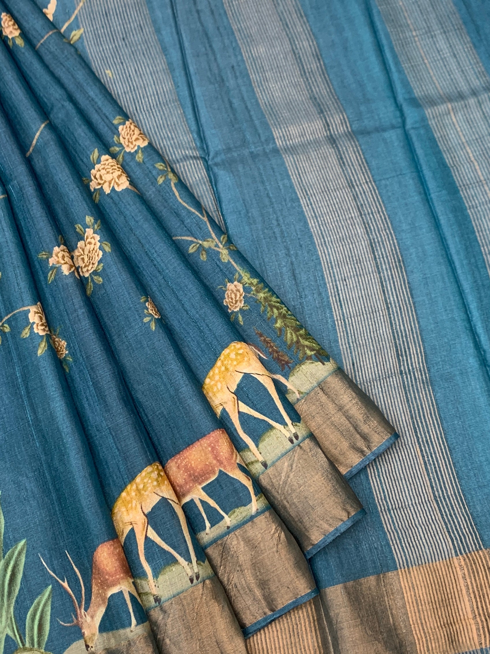 Prussian Blue Meadow: Scenic Deer Tussore Printed Saree