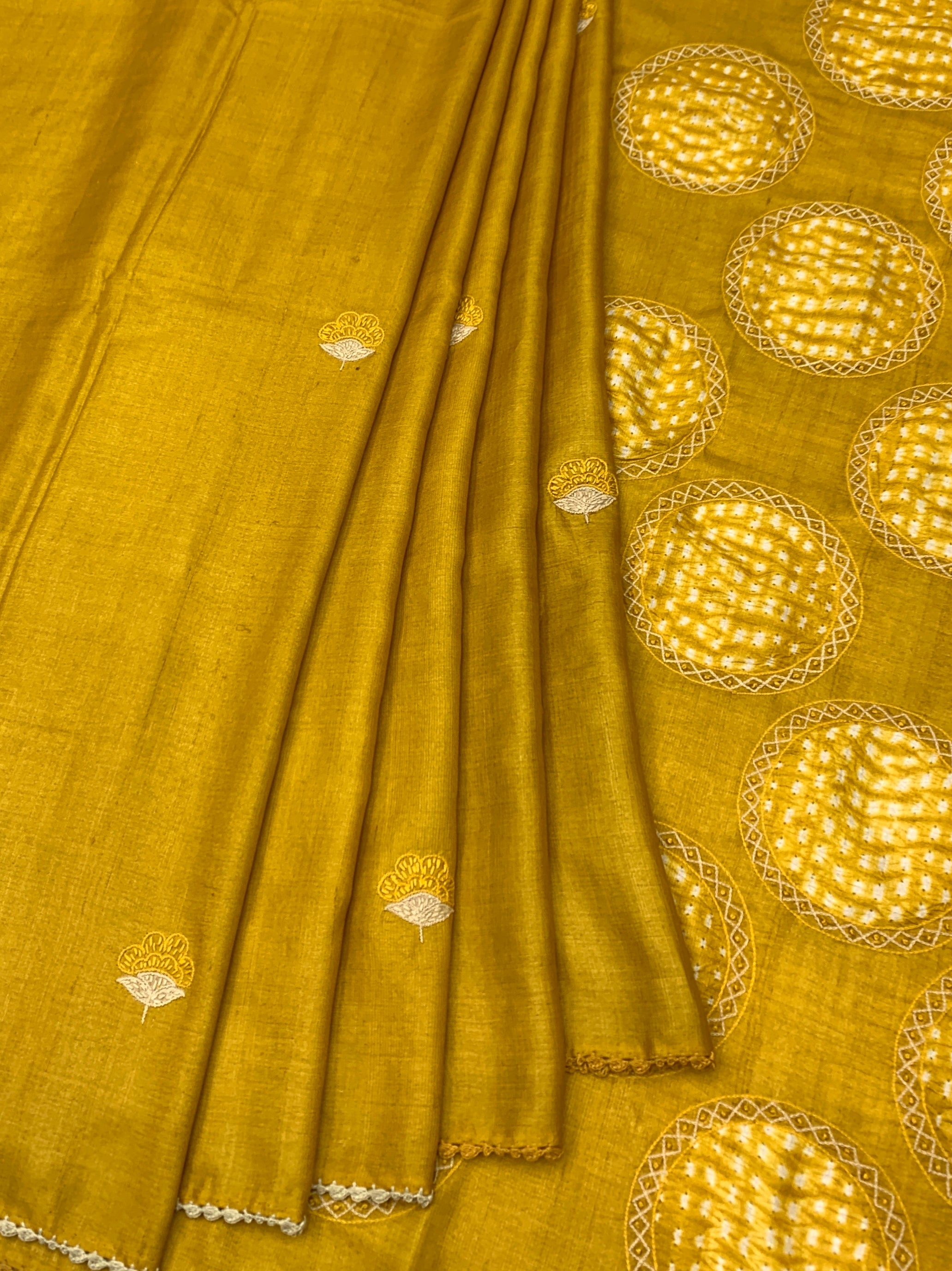 Radiant Sunburst: Shibori Medallion Hand-Embroidered Tussar Silk Saree