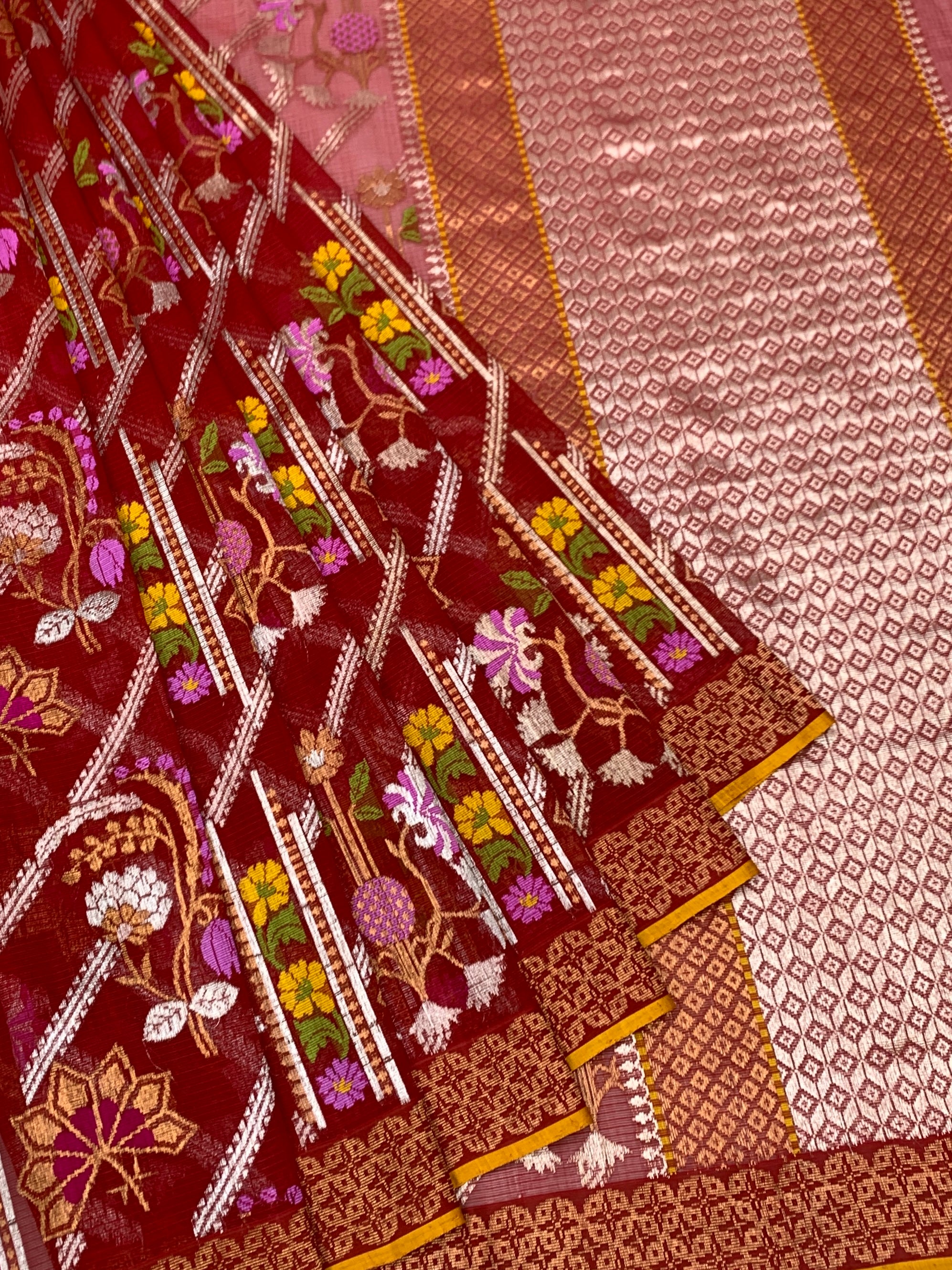 Regal Crimson Red Zari Kota Saree with Meenakari Florals & Contrast Yellow Blouse
