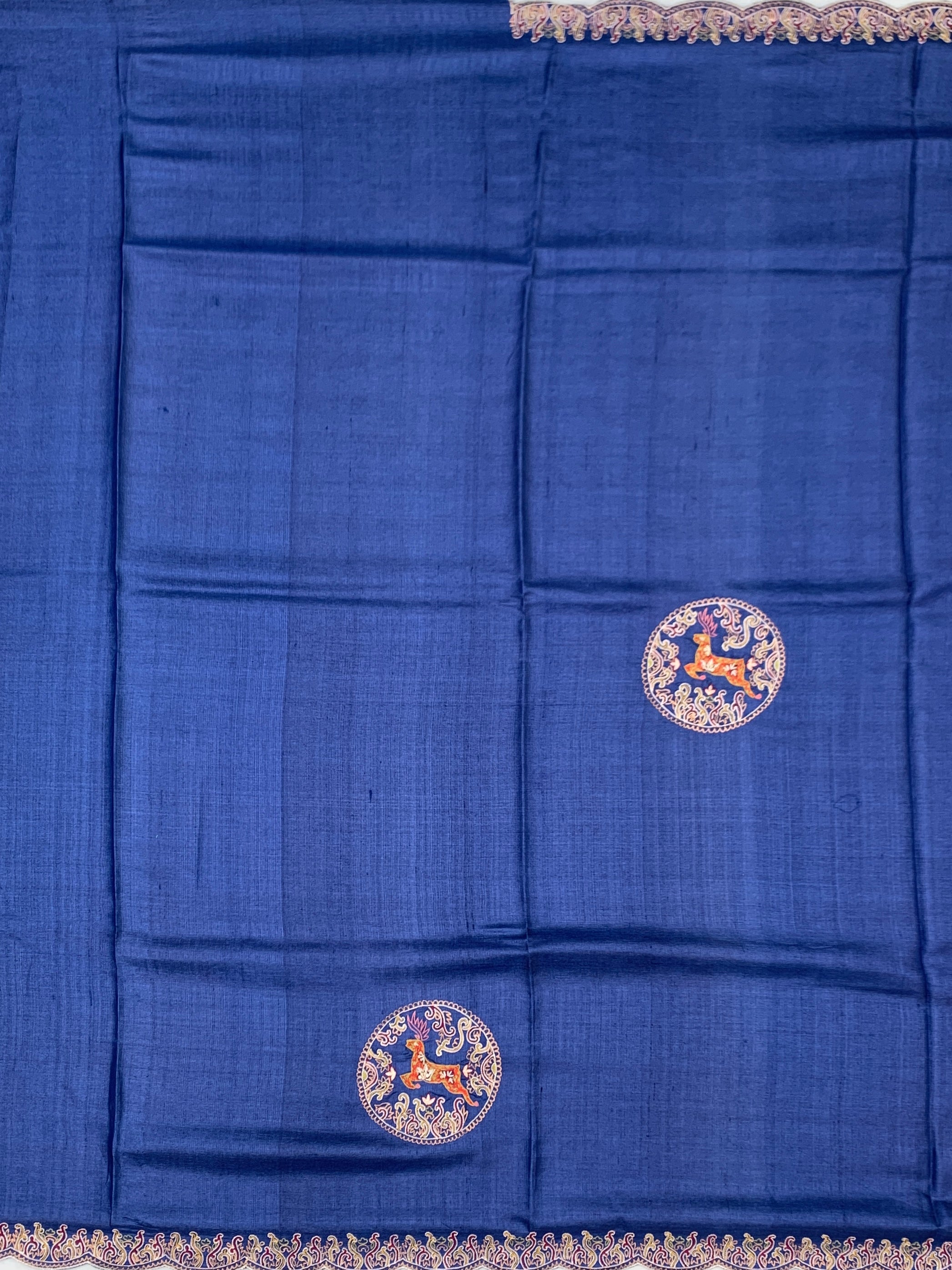 Midnight Royal: Deep Blue Hand-Embroidered Tussar Silk Saree with Shikargah Motifs