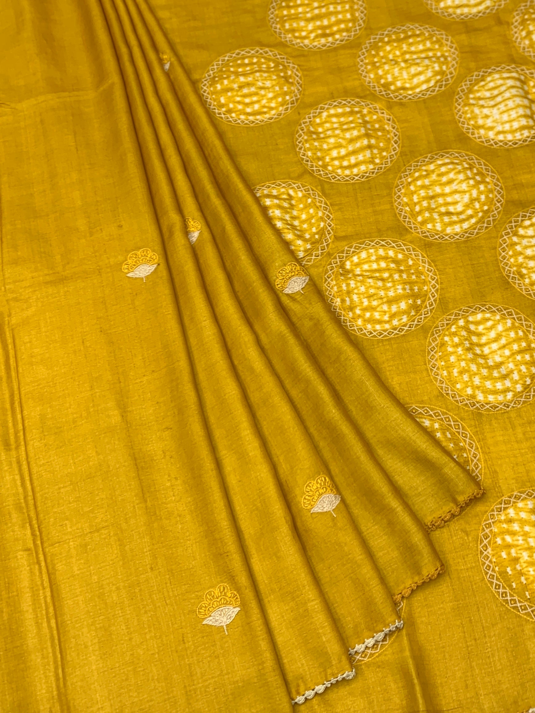 Radiant Sunburst: Shibori Medallion Hand-Embroidered Tussar Silk Saree