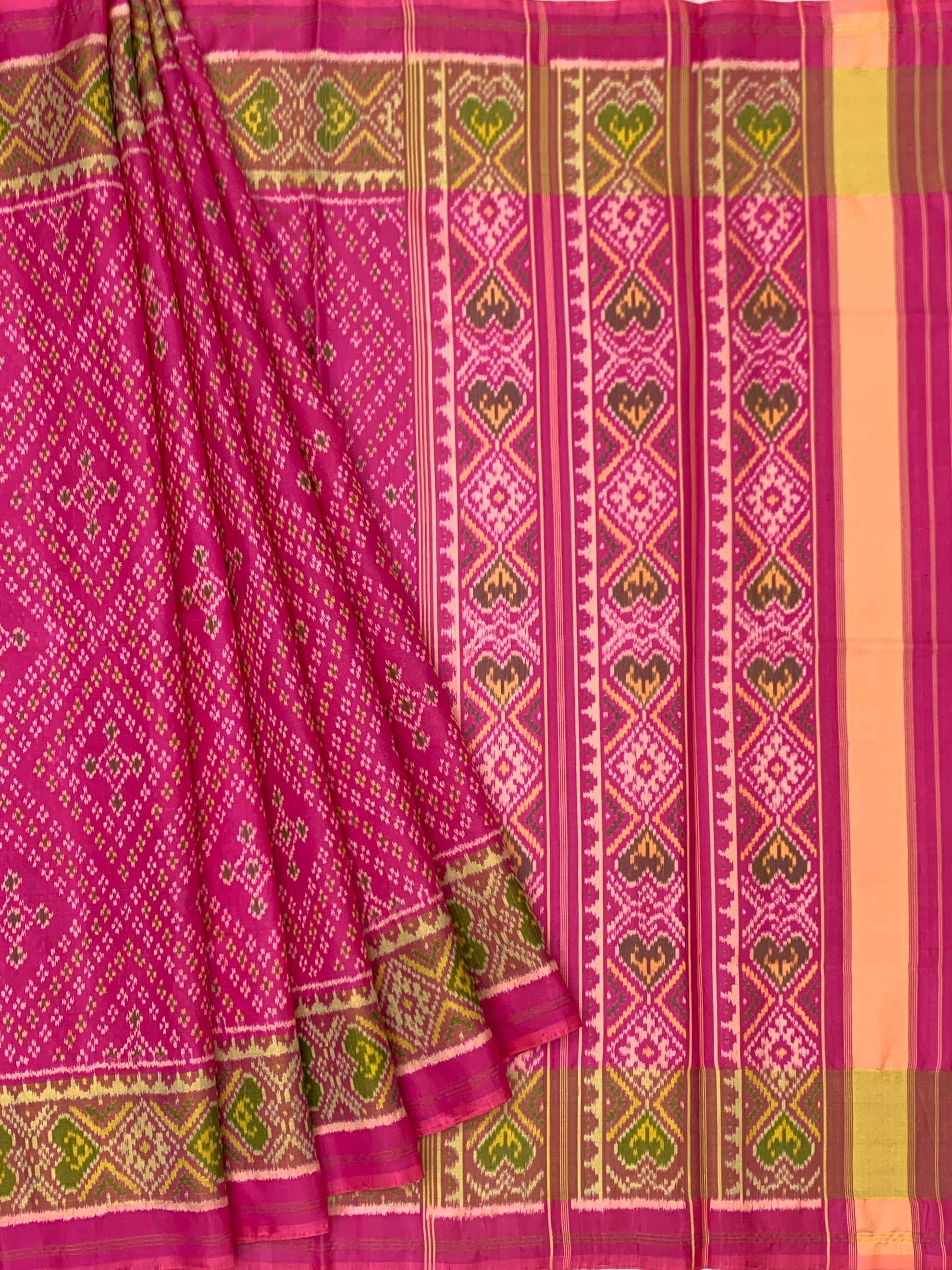 Radiant Rani Pink & Olive: Heritage Geometric Rajkot Patola Silk Saree