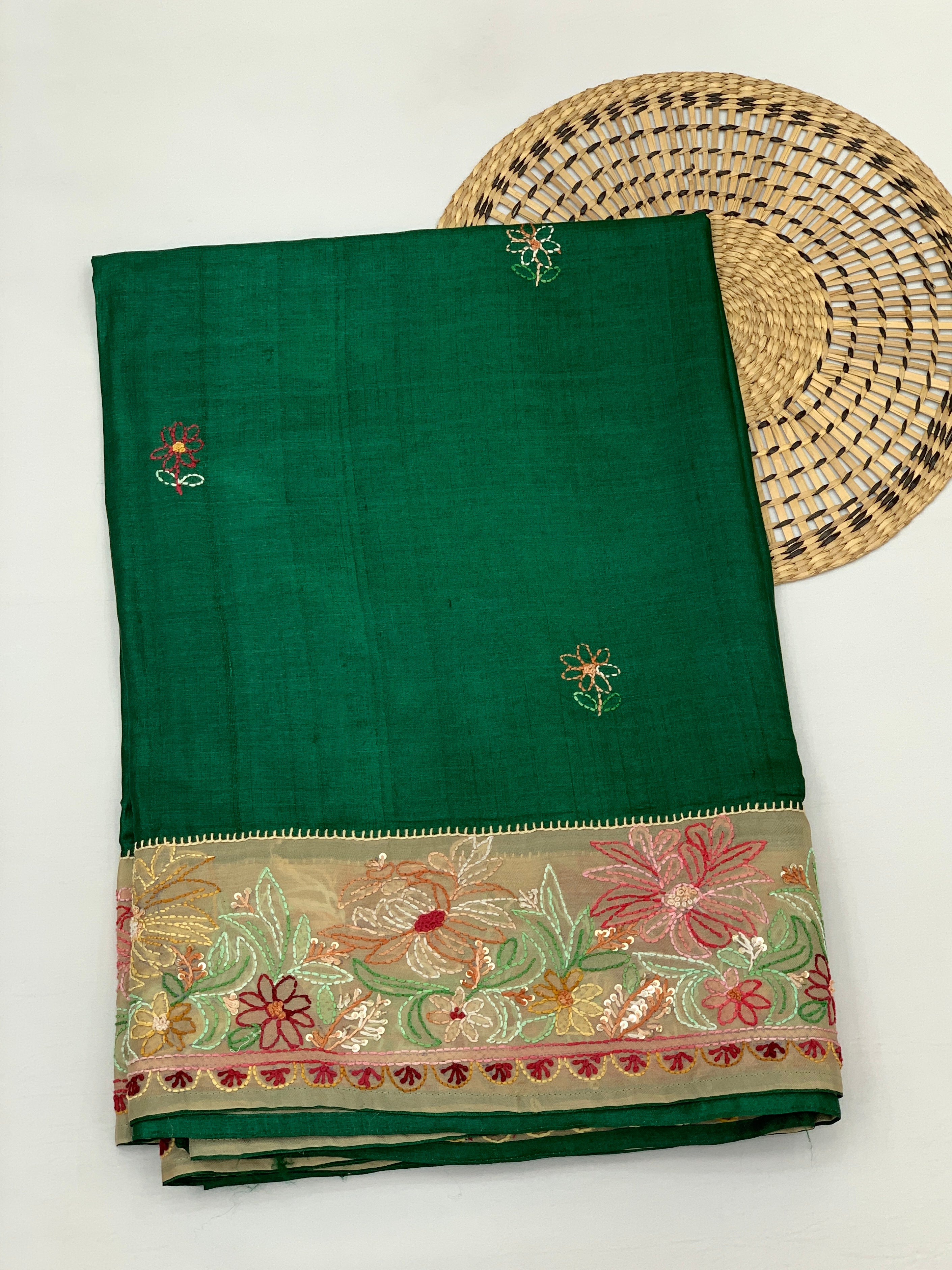 Tussore Saree Bottle-Green In Colour