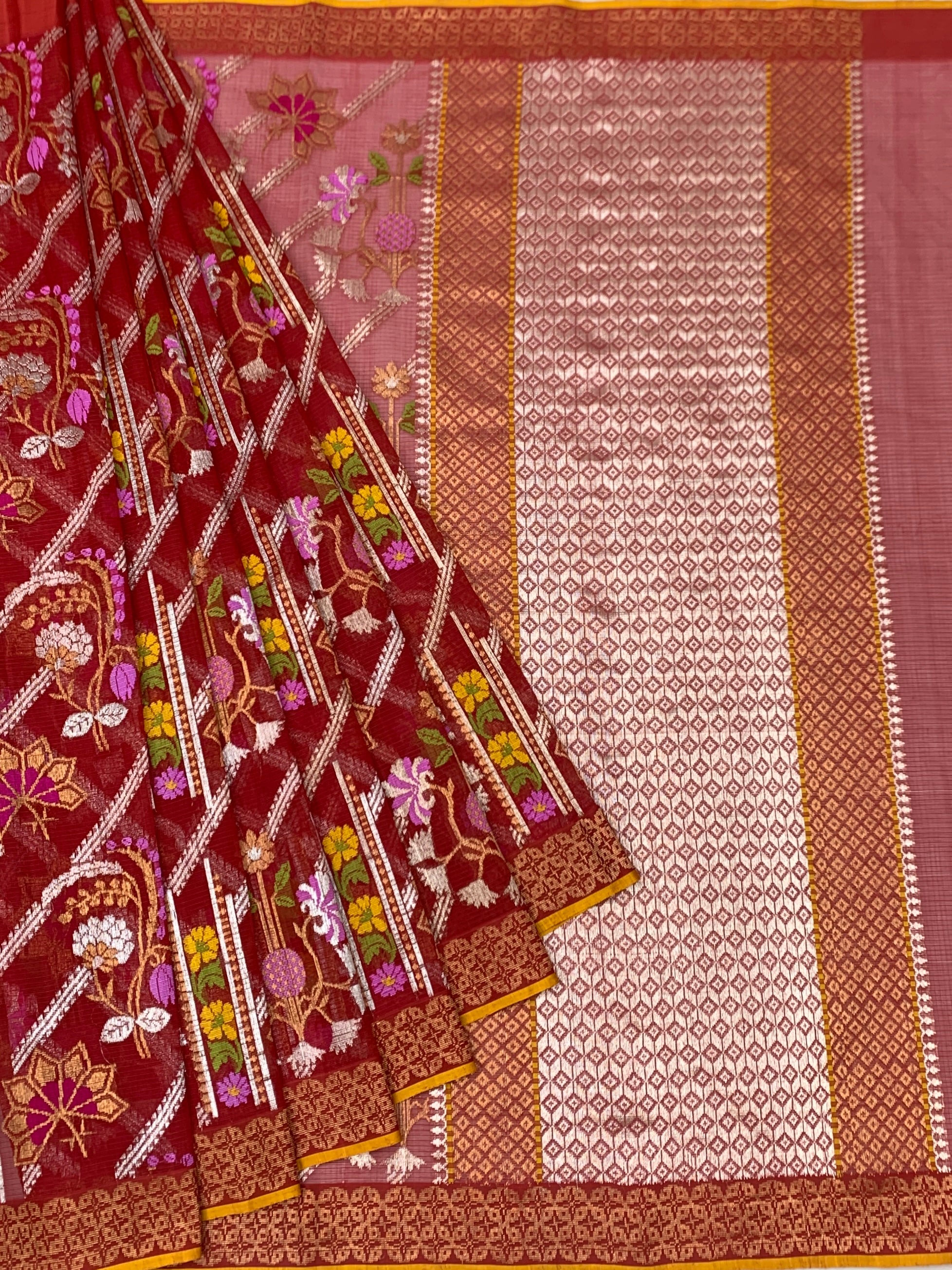 Regal Crimson Red Zari Kota Saree with Meenakari Florals & Contrast Yellow Blouse