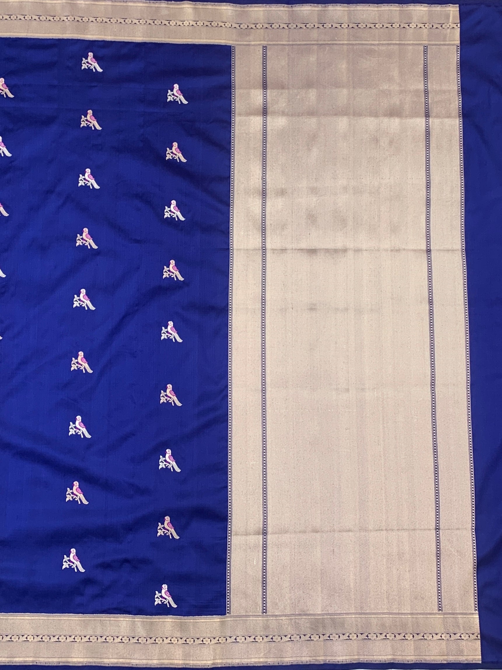 Royal Blue Banarasi Silk Saree with Silver Zari Bird Motifs