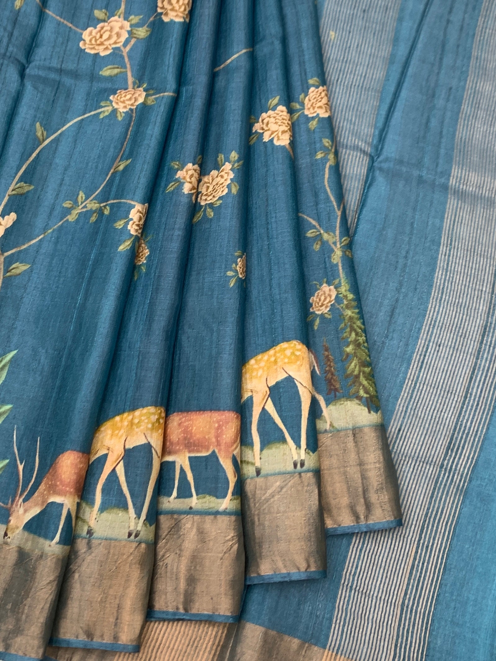 Prussian Blue Meadow: Scenic Deer Tussore Printed Saree