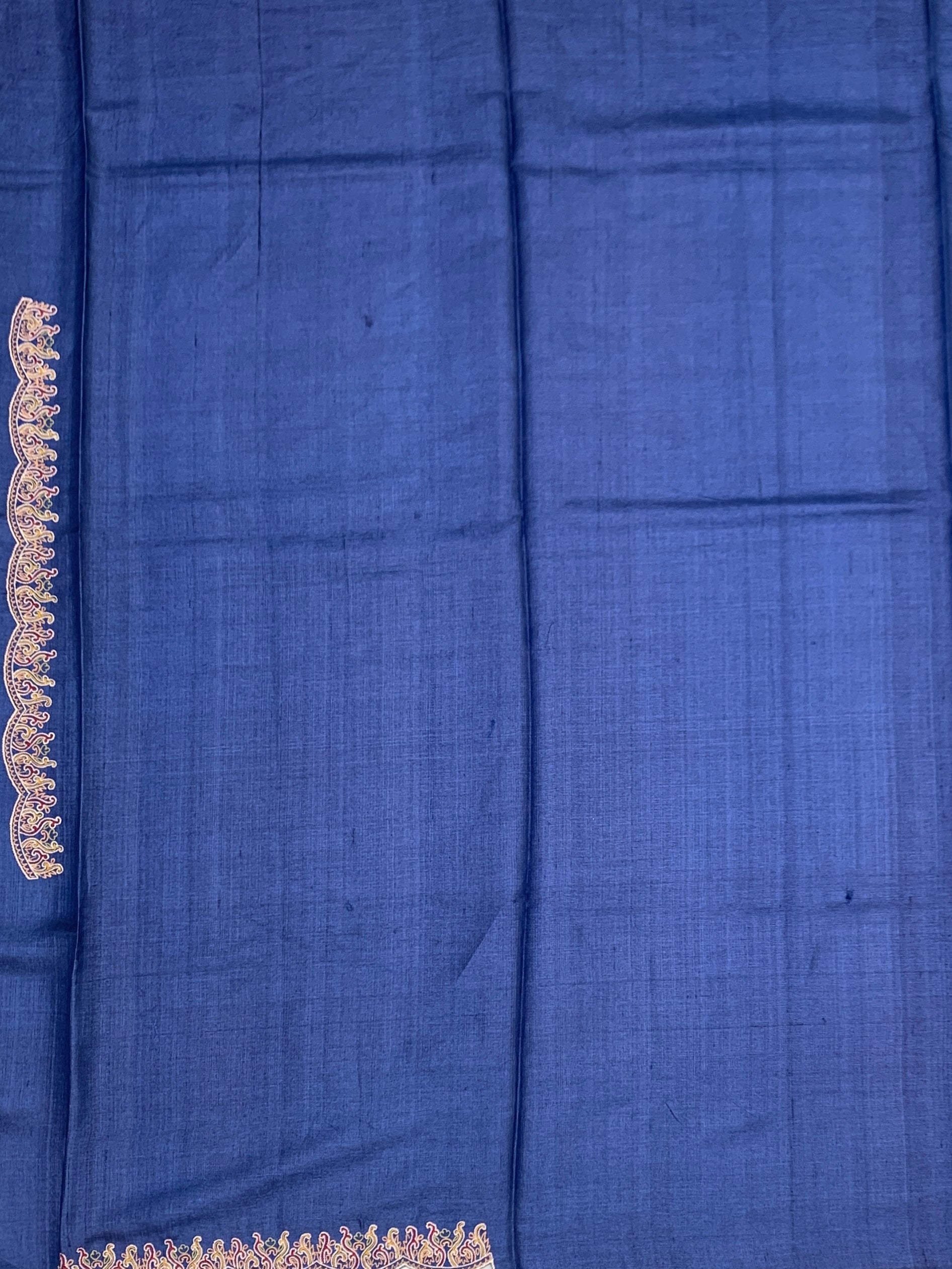 Midnight Royal: Deep Blue Hand-Embroidered Tussar Silk Saree with Shikargah Motifs
