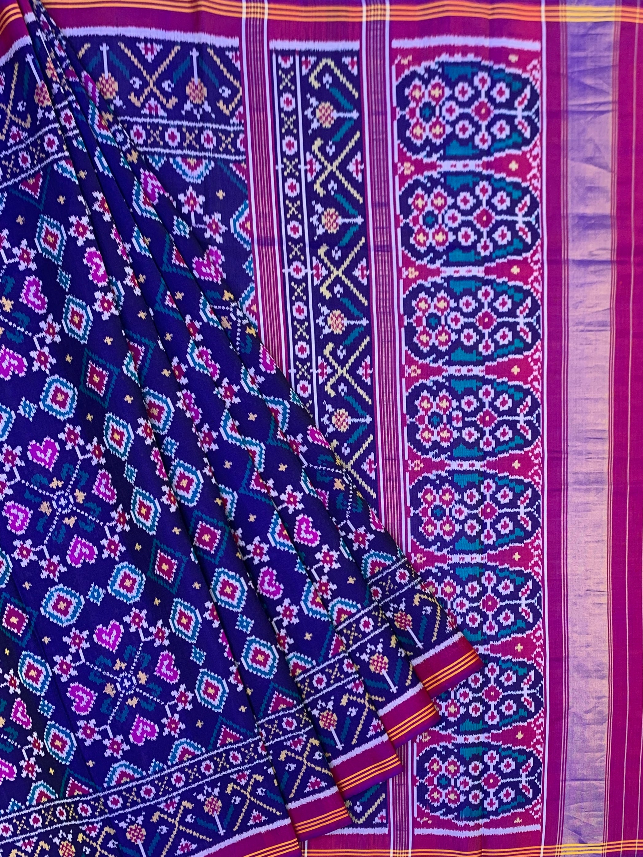 Majestic Midnight Blue & Rani Pink Handwoven Patola Saree