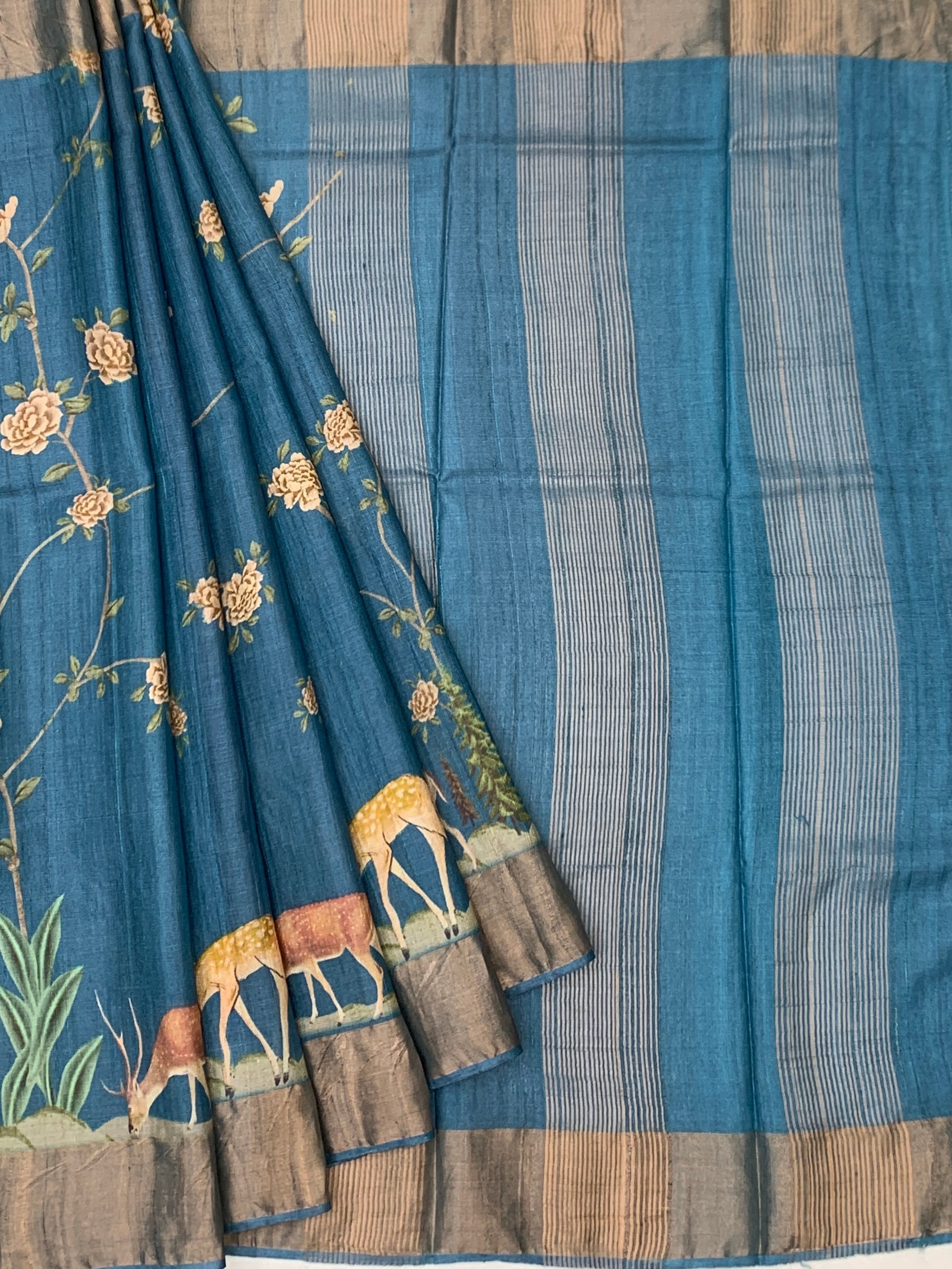 Prussian Blue Meadow: Scenic Deer Tussore Printed Saree