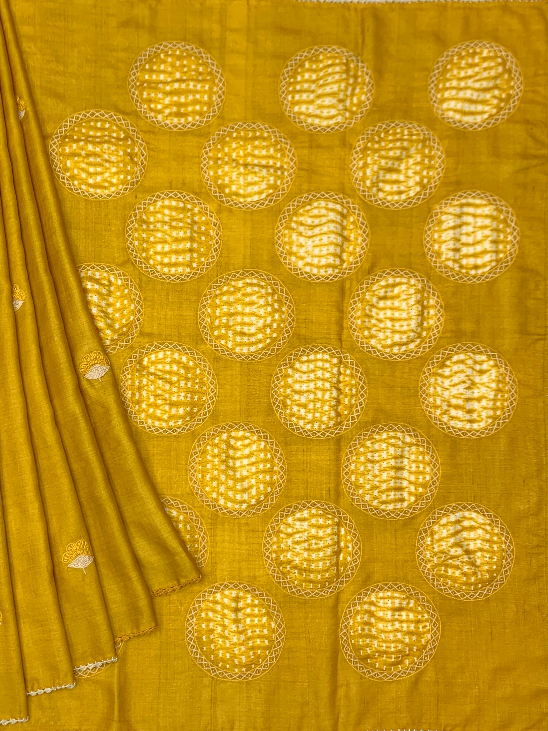 Radiant Sunburst: Shibori Medallion Hand-Embroidered Tussar Silk Saree
