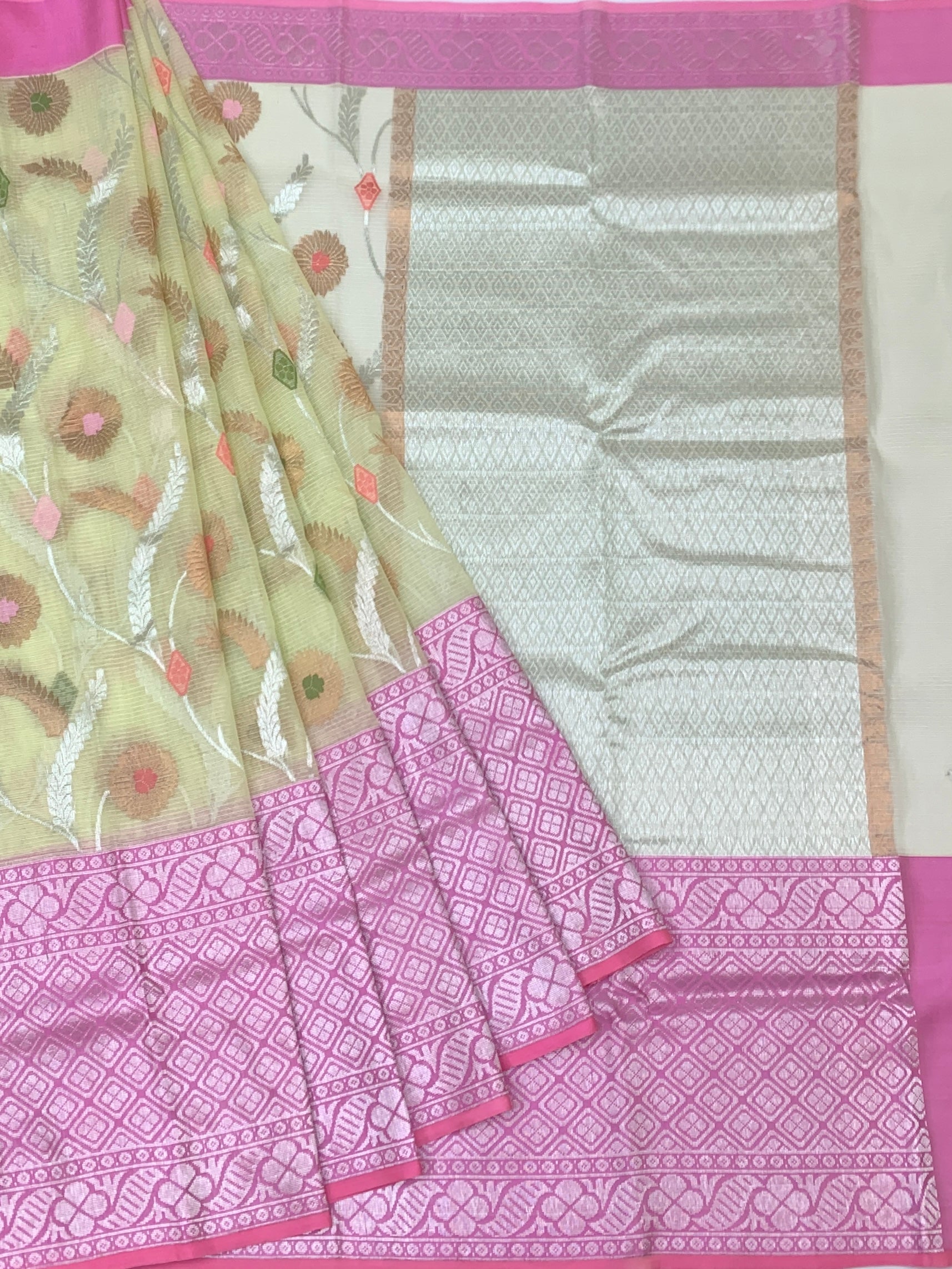 Cream & Rose Pink Zari Kota Saree with Contrast Blouse