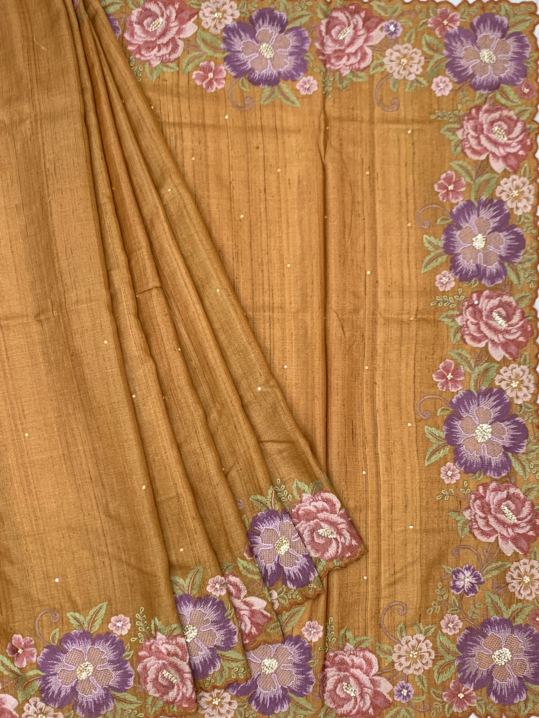 Golden Ochre Symphony: Hand-Embroidered Tussar Silk Saree
