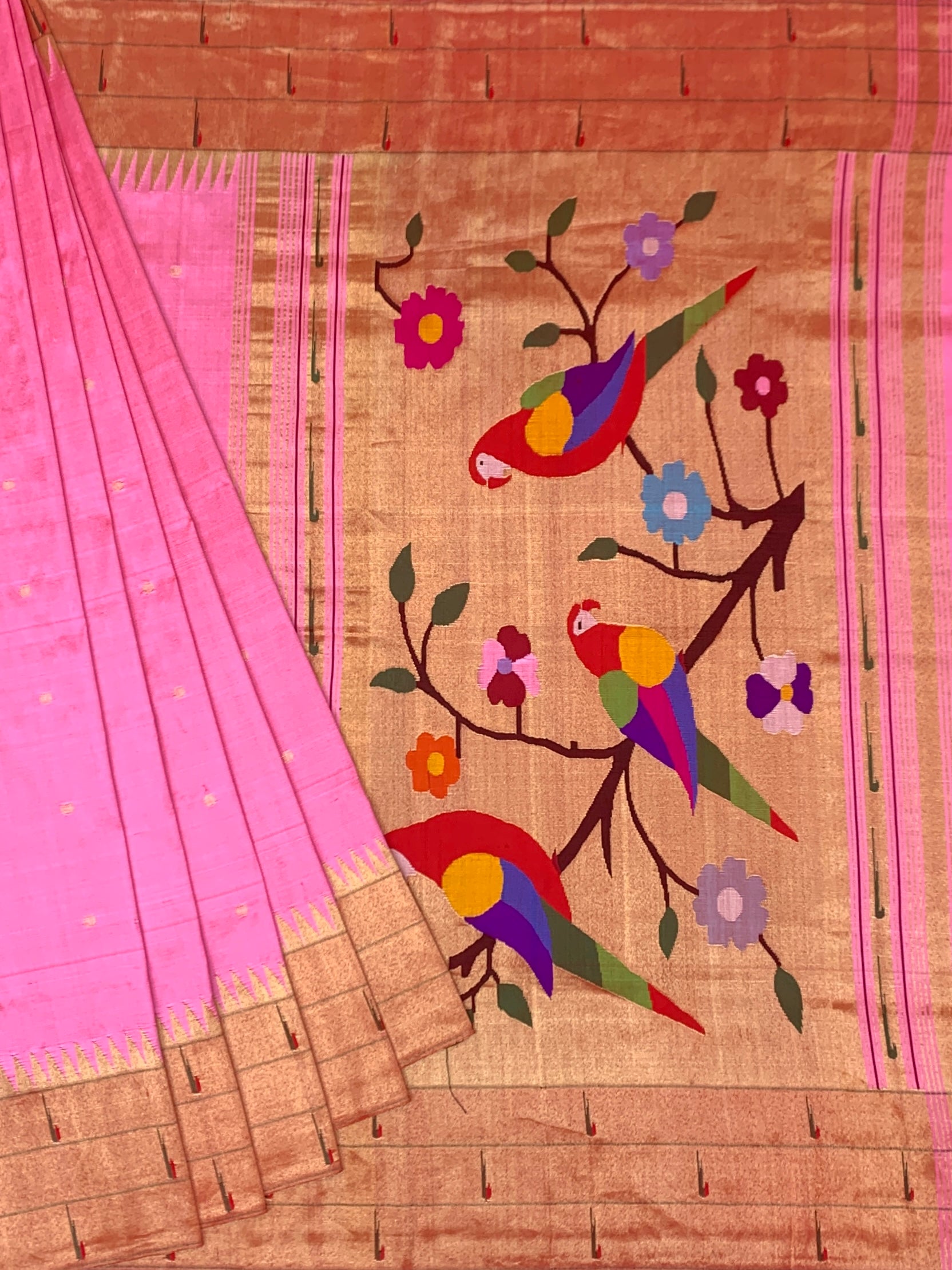 Radiant Flamingo Pink Paithani Silk Saree with Vibrant Parrot Pallu