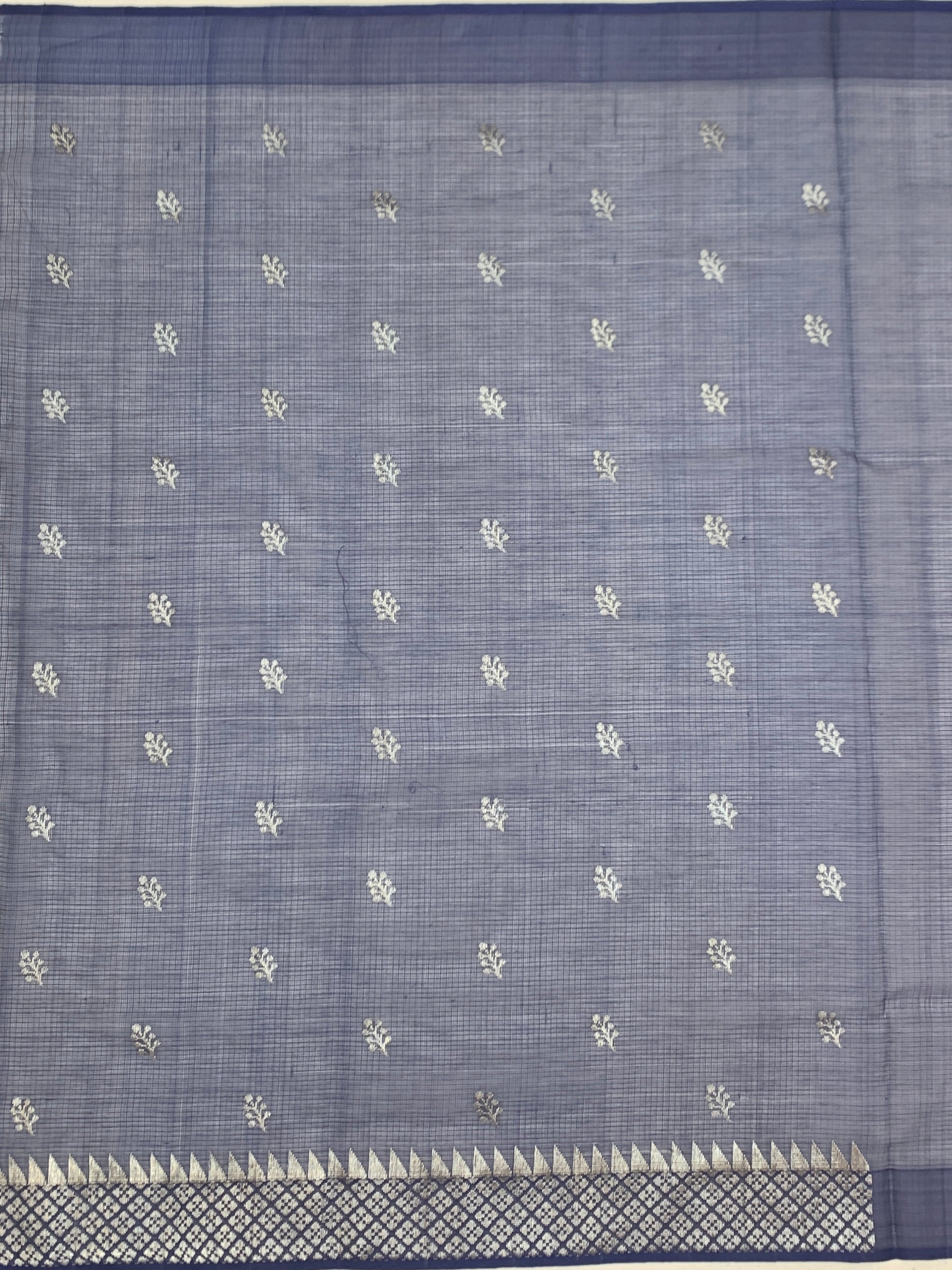 Midnight Blue Zari Kota Saree with Silver Woven Florals & Temple Border
