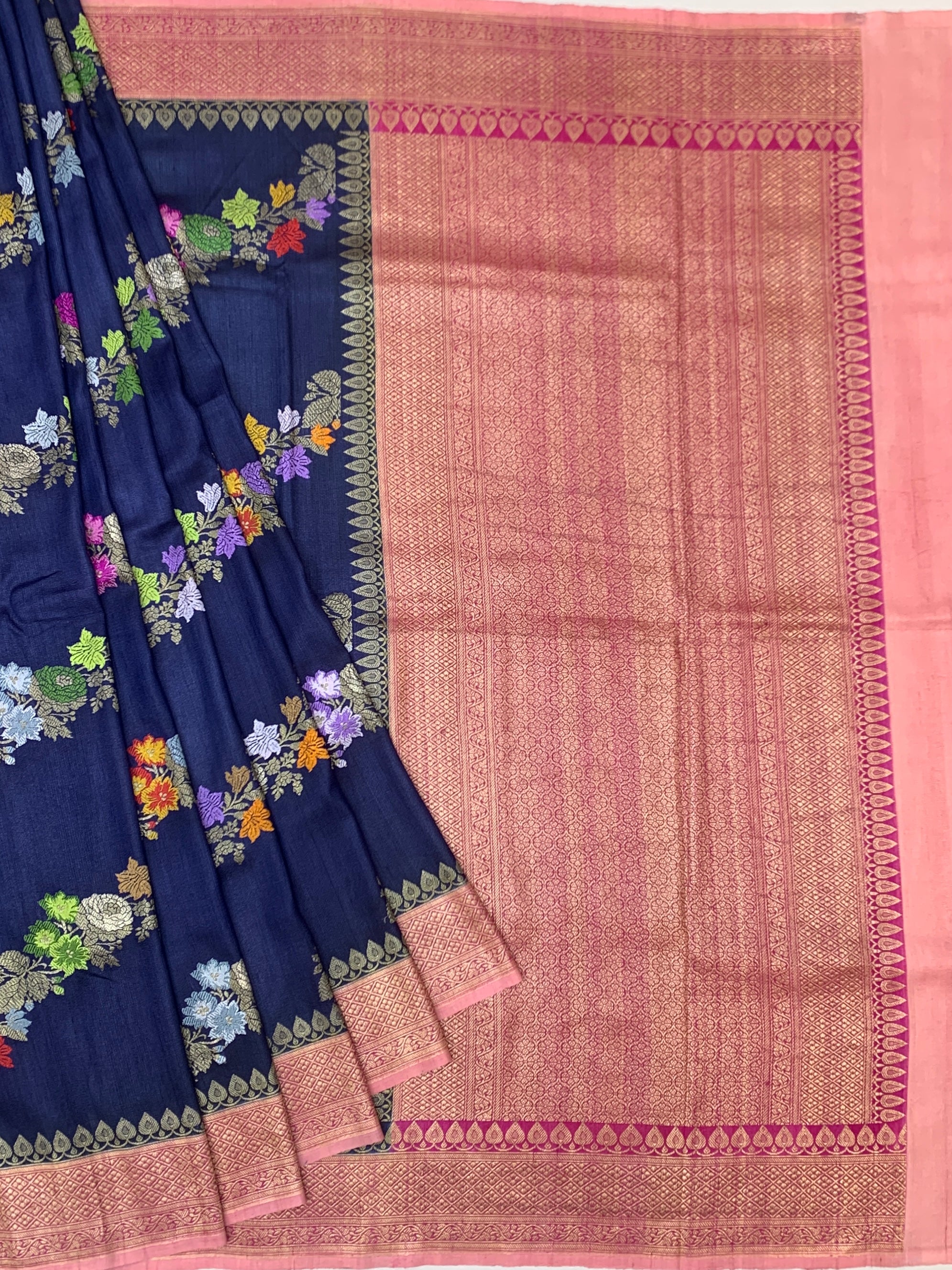 Midnight Blue Floral Tussore Georgette Saree with Contrast Pink Pallu