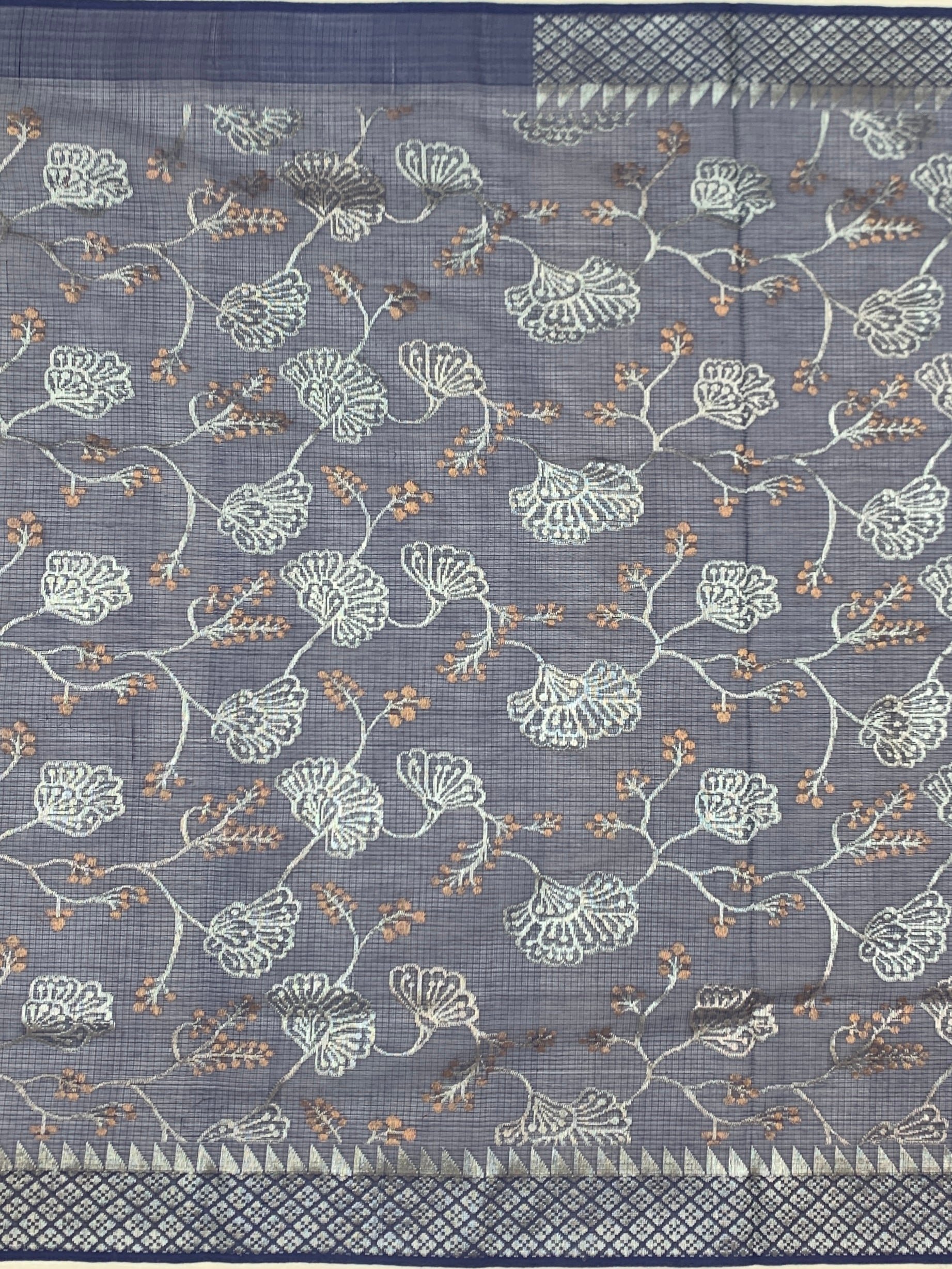 Midnight Blue Zari Kota Saree with Silver Woven Florals & Temple Border