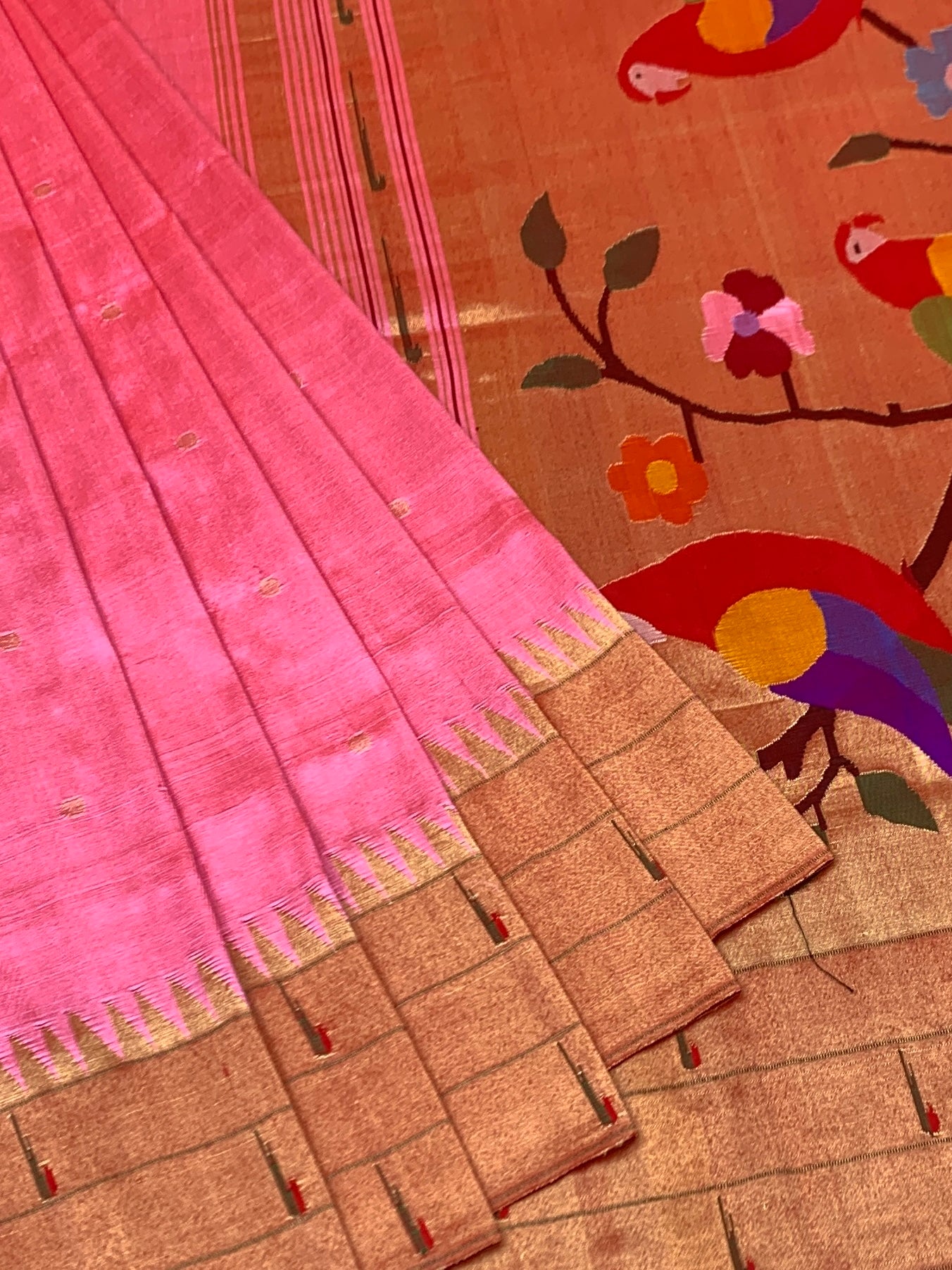 Radiant Flamingo Pink Paithani Silk Saree with Vibrant Parrot Pallu