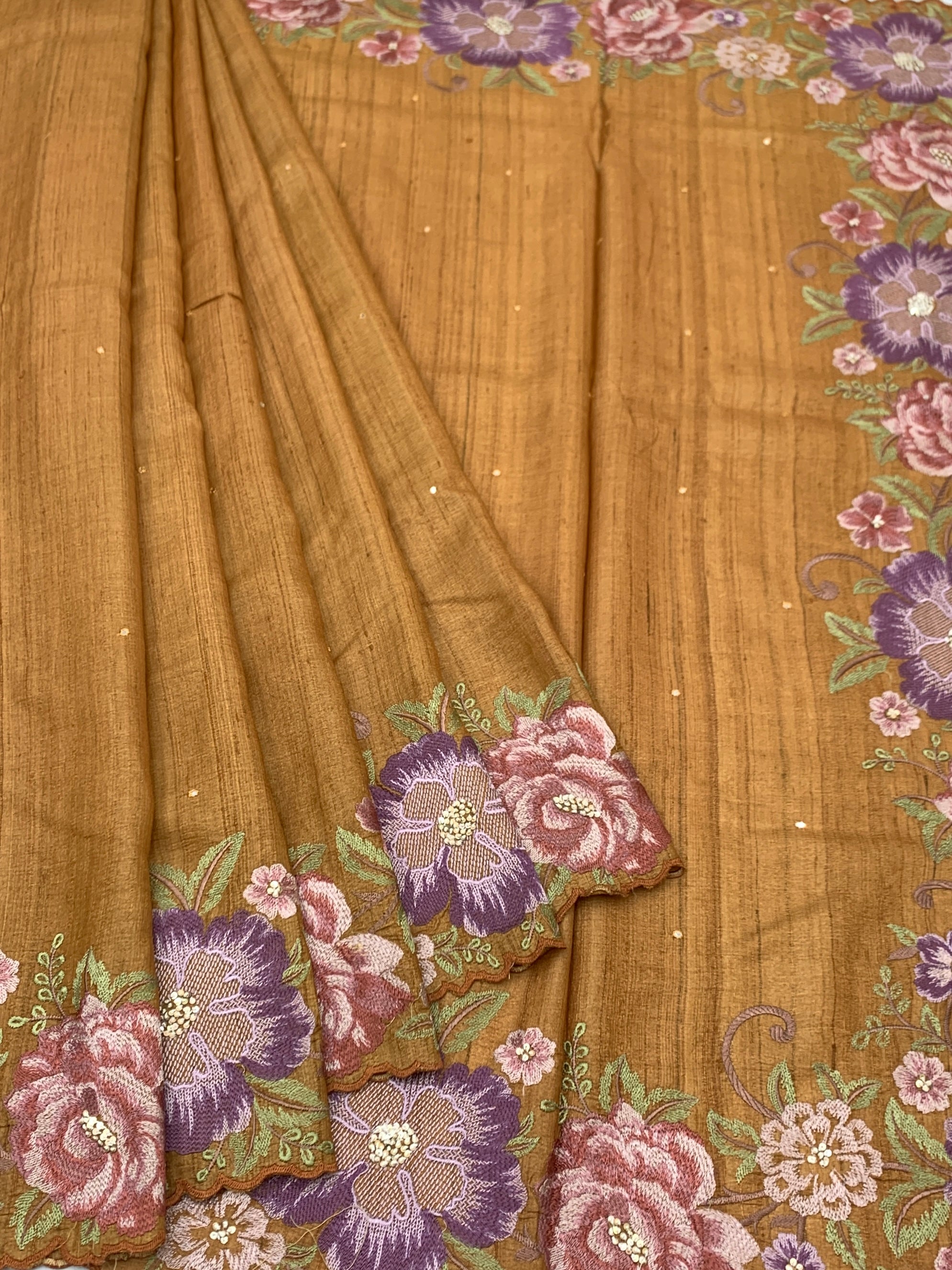 Golden Ochre Symphony: Hand-Embroidered Tussar Silk Saree