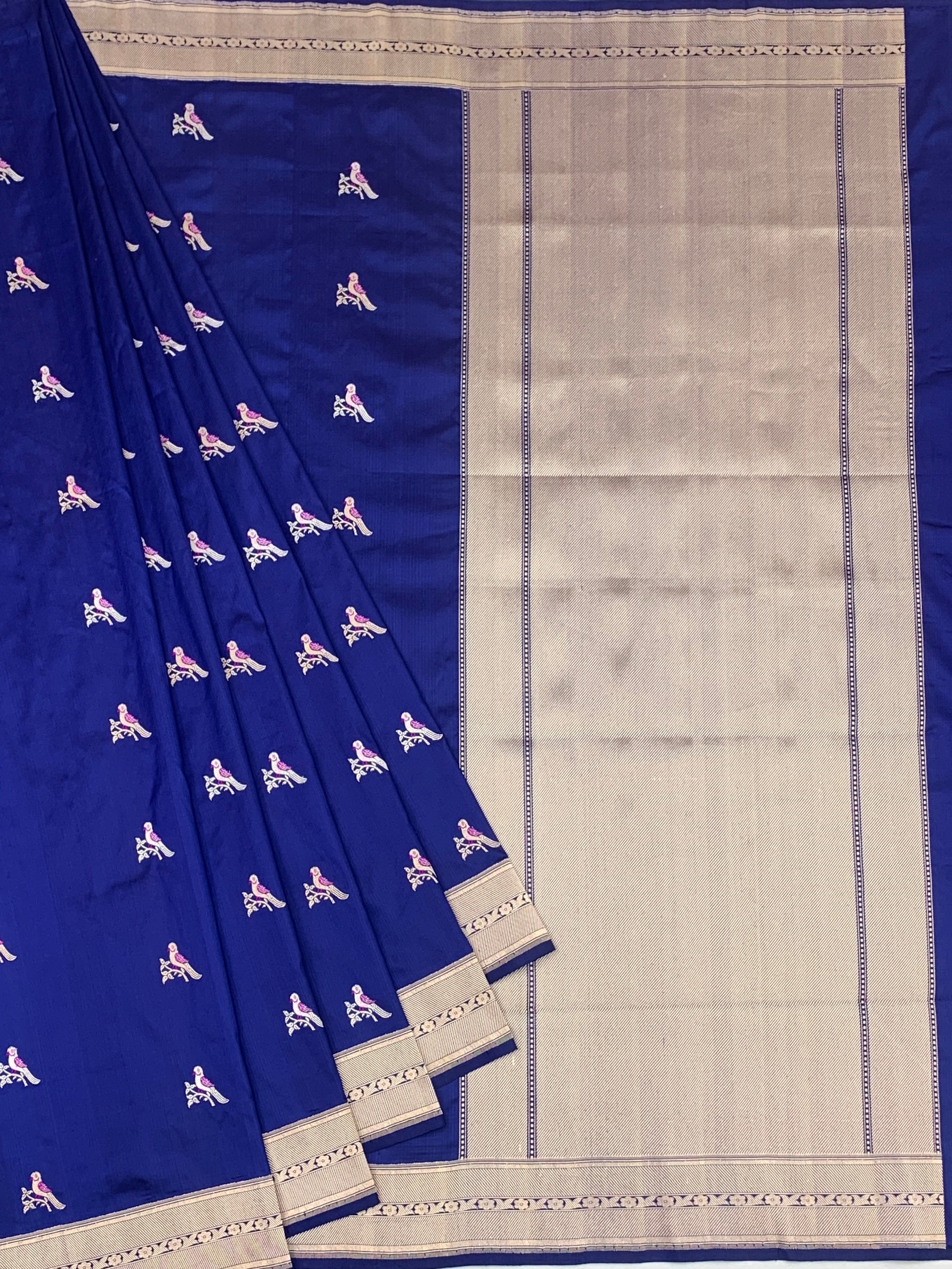 Royal Blue Banarasi Silk Saree with Silver Zari Bird Motifs