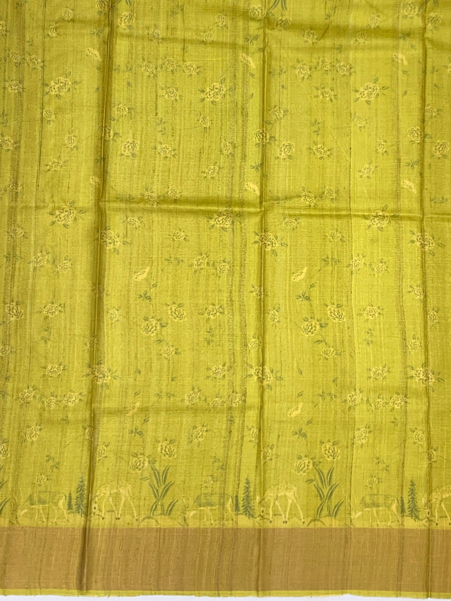 Chartreuse Meadow: Scenic Deer Tussore Printed Saree