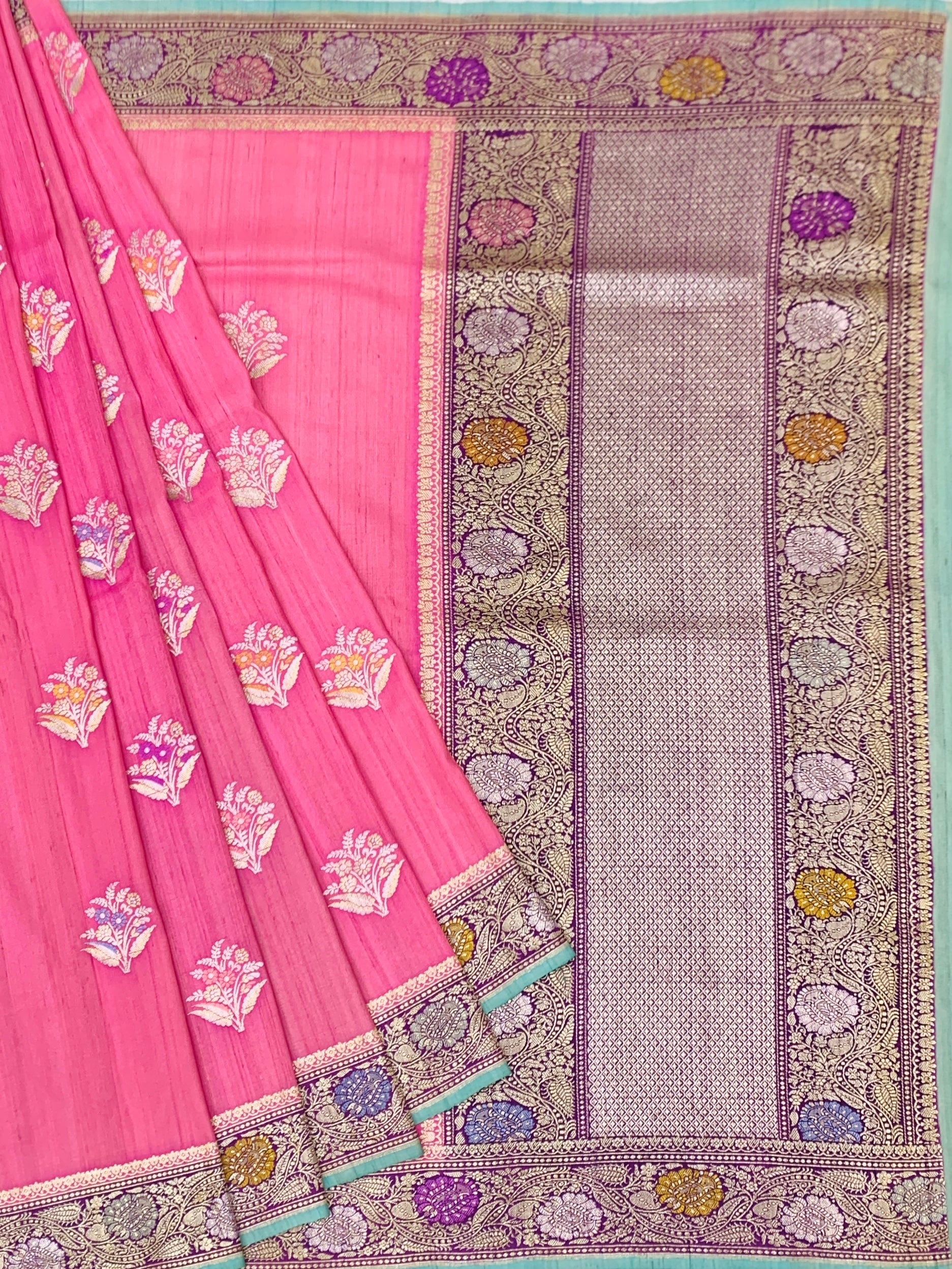 Vibrant Fuchsia Pink Tussore Georgette Saree with Meenakari Florals and Aqua Blue Blouse