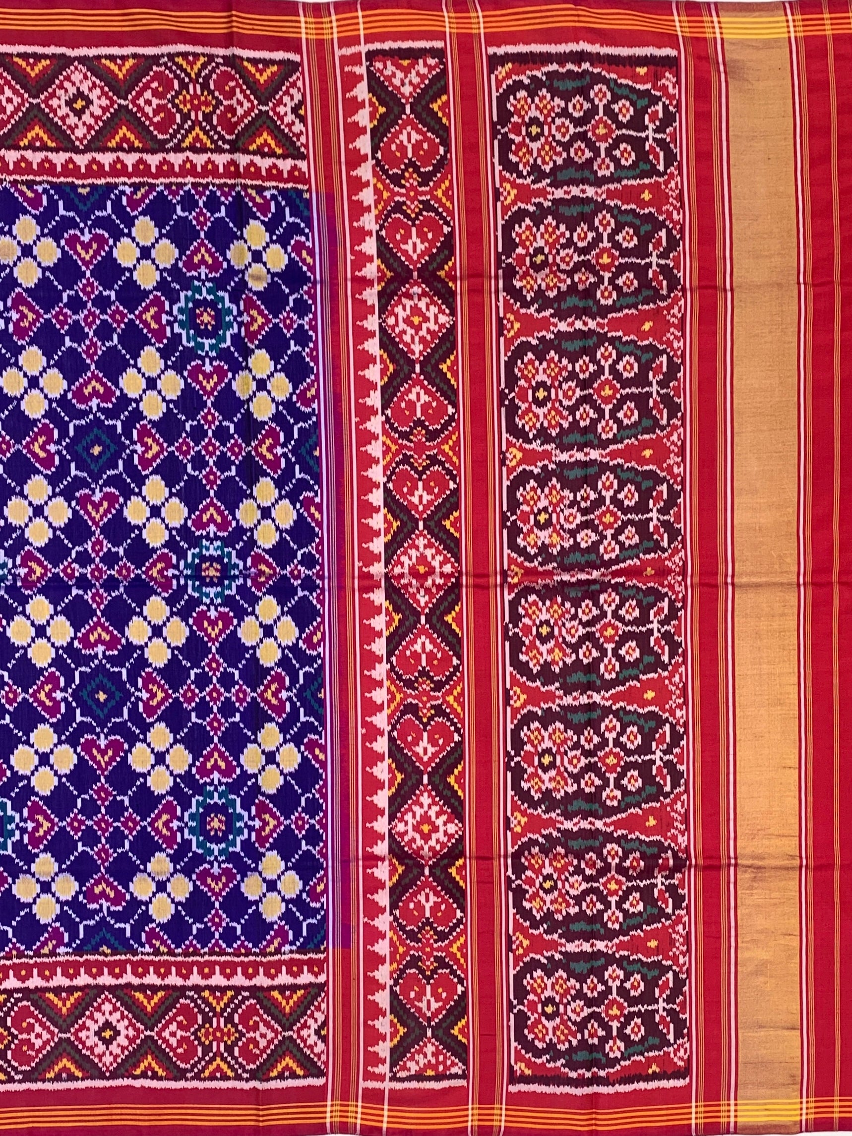 Regal Heritage: Royal Blue and Crimson Traditional Patola Silk Saree