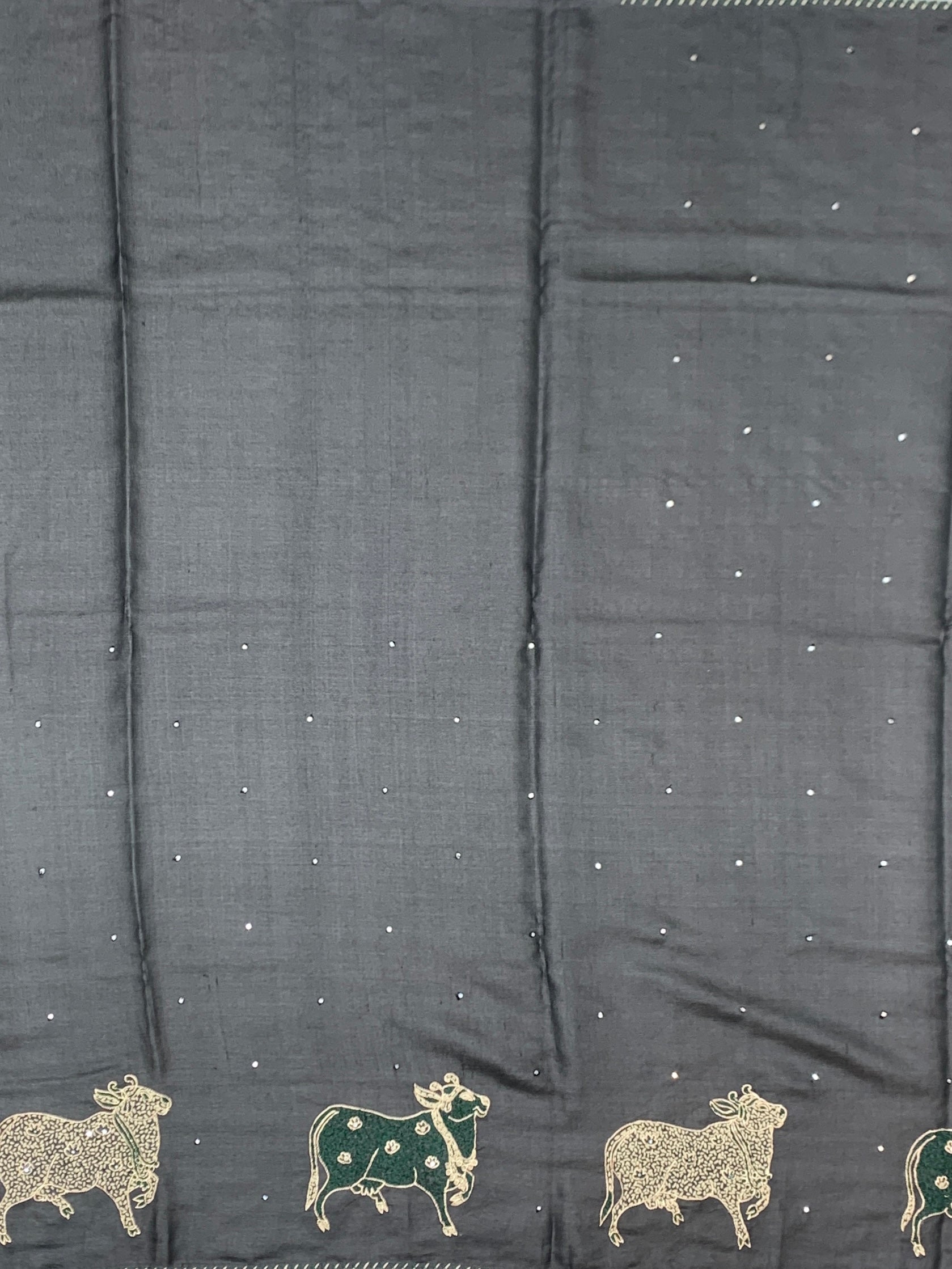 Midnight Charcoal: Pichwai Cow Motif Hand-Embroidered Tussar Saree